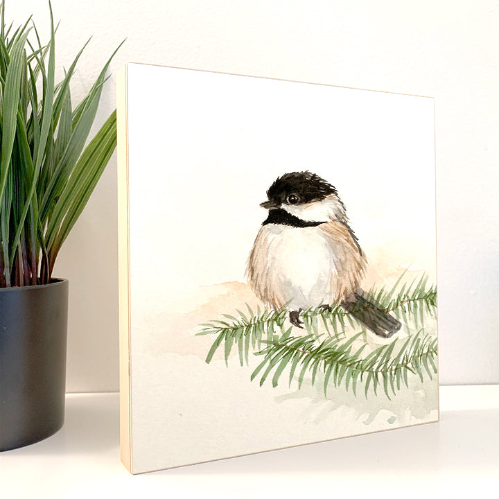 Chickadee Bird - Watercolor on Woodblock - Flamingo Shores - Original Art for Home Decor and Gifts