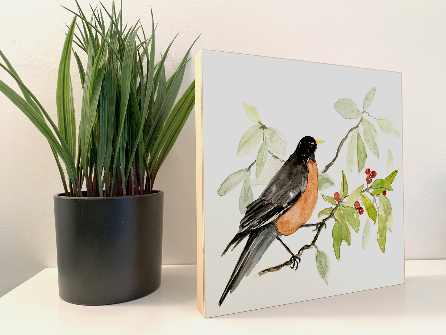 Robin Bird - Watercolor on Woodblock - Flamingo Shores - Original Art for Home Decor and Gifts