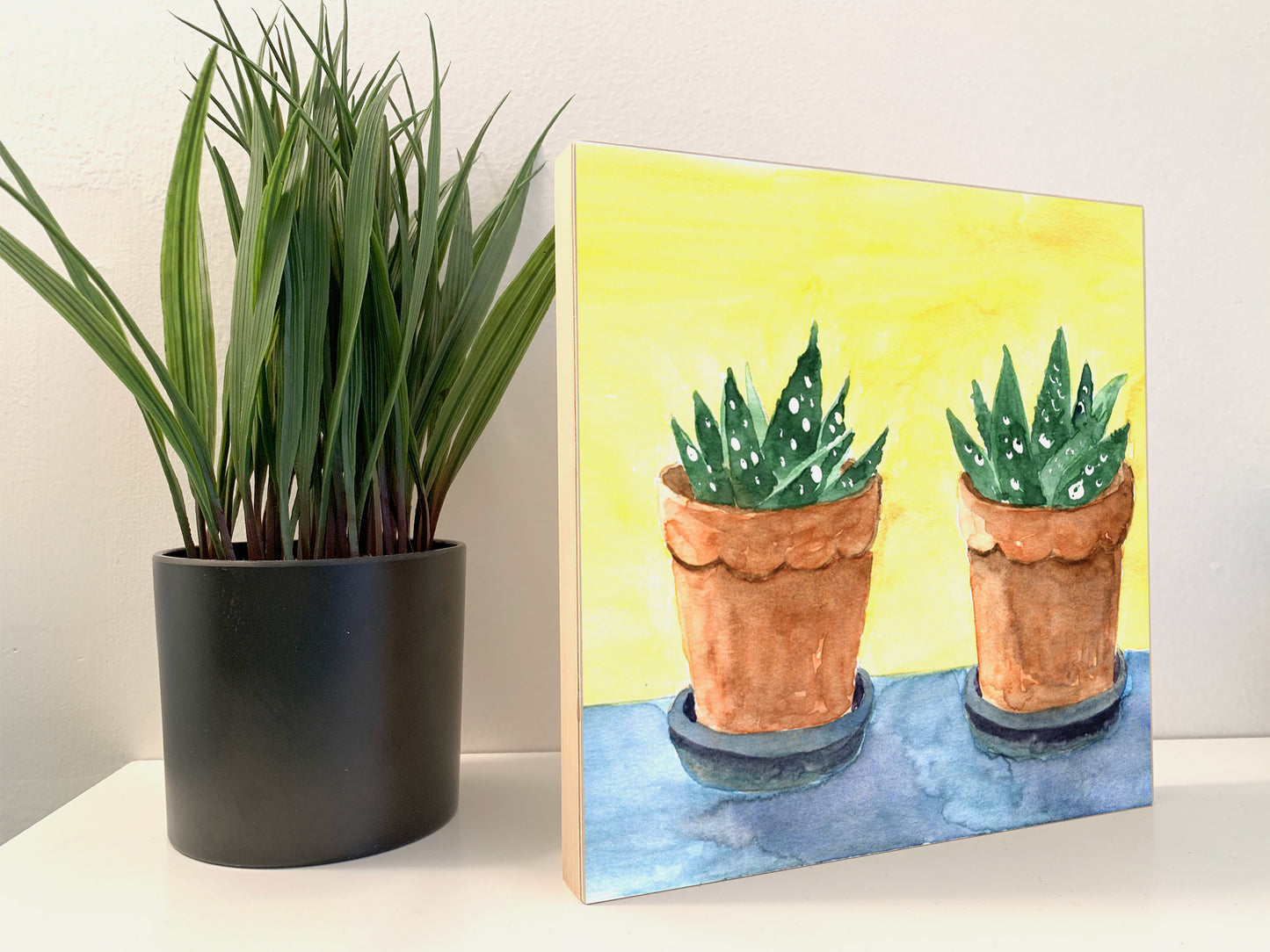 Succulent Houseplants Watercolor Print on Wood Block - Flamingo Shores - Original Art for Home Decor and Gifts