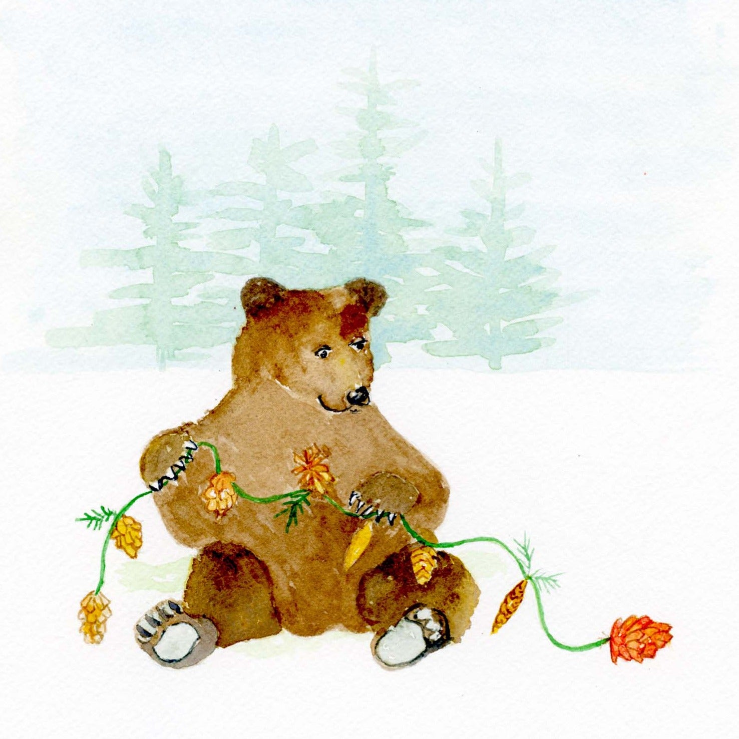 Woodland Animal Bear with Pinecones Print on 5x5 or 8x8 Wood Block.  Nursery, Christmas