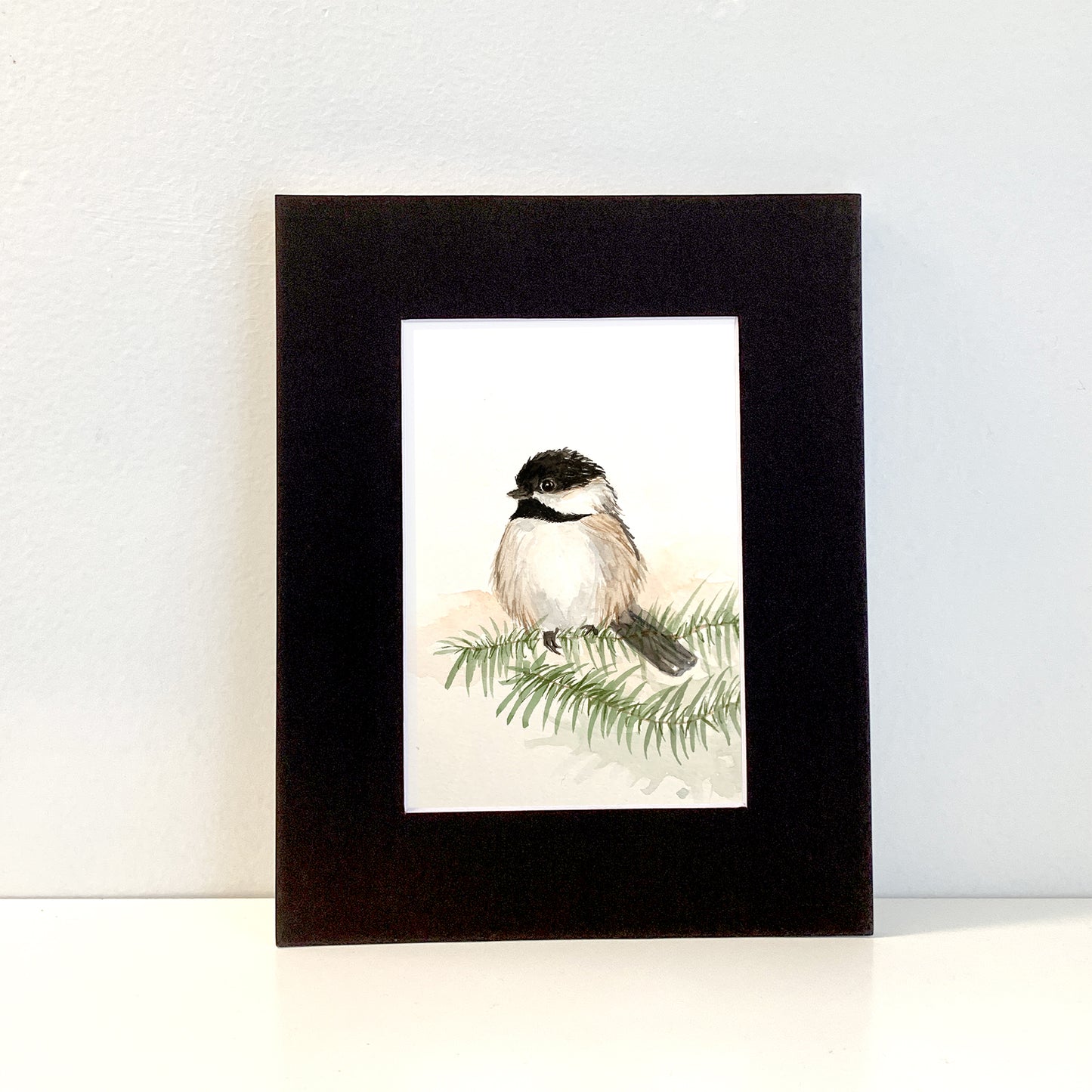 Chickadee Bird Watercolor Art Print in Mat or Frame - Flamingo Shores - Original Art for Home Decor and Gifts