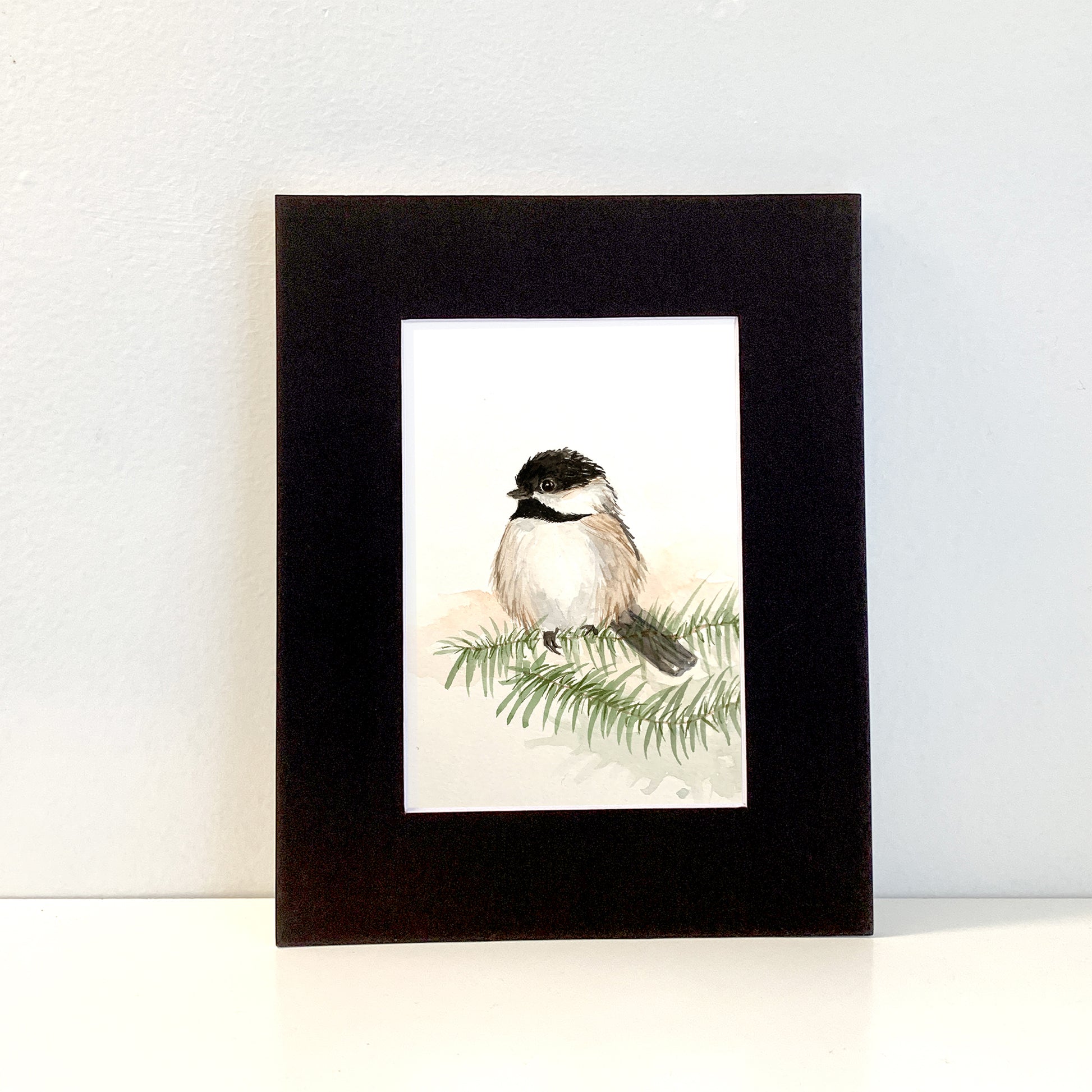 Chickadee Bird Watercolor Art Print in Mat or Frame - Flamingo Shores - Original Art for Home Decor and Gifts
