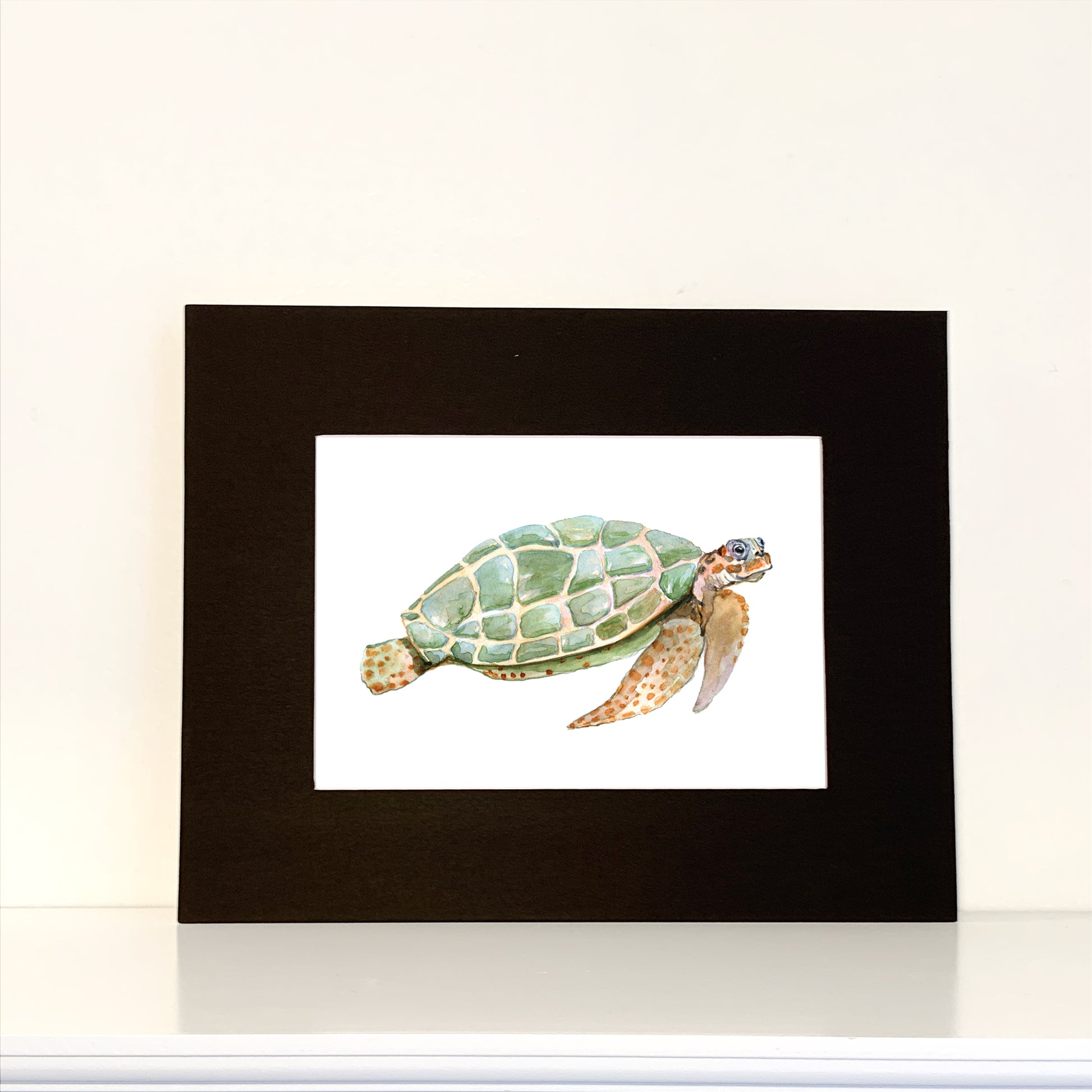 Green Turtle Watercolor Print Art - Flamingo Shores - Original Art for Home Decor and Gifts