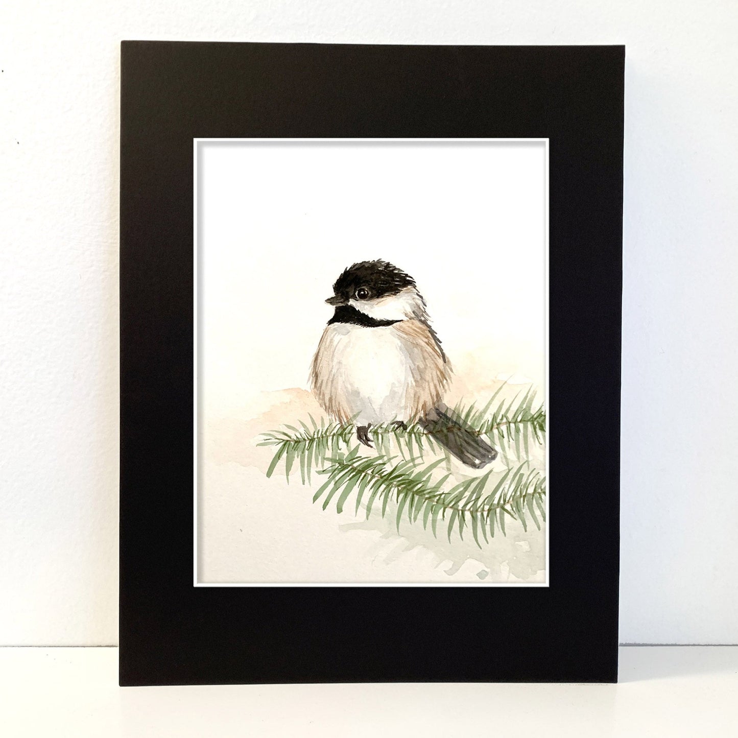 Chickadee Bird Watercolor Art Print in Mat or Frame - Flamingo Shores - Original Art for Home Decor and Gifts