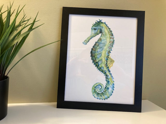 Blue Seahorse Watercolor Print Art - Flamingo Shores - Original Art for Home Decor and Gifts