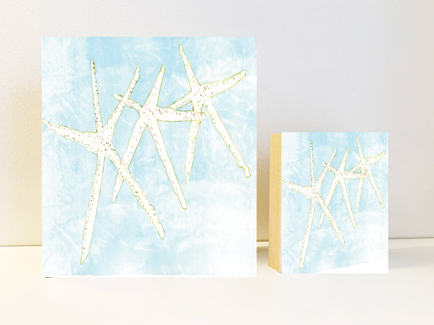 Starfish Group Watercolor Art on Wood Block - Flamingo Shores - Original Art for Home Decor and Gifts