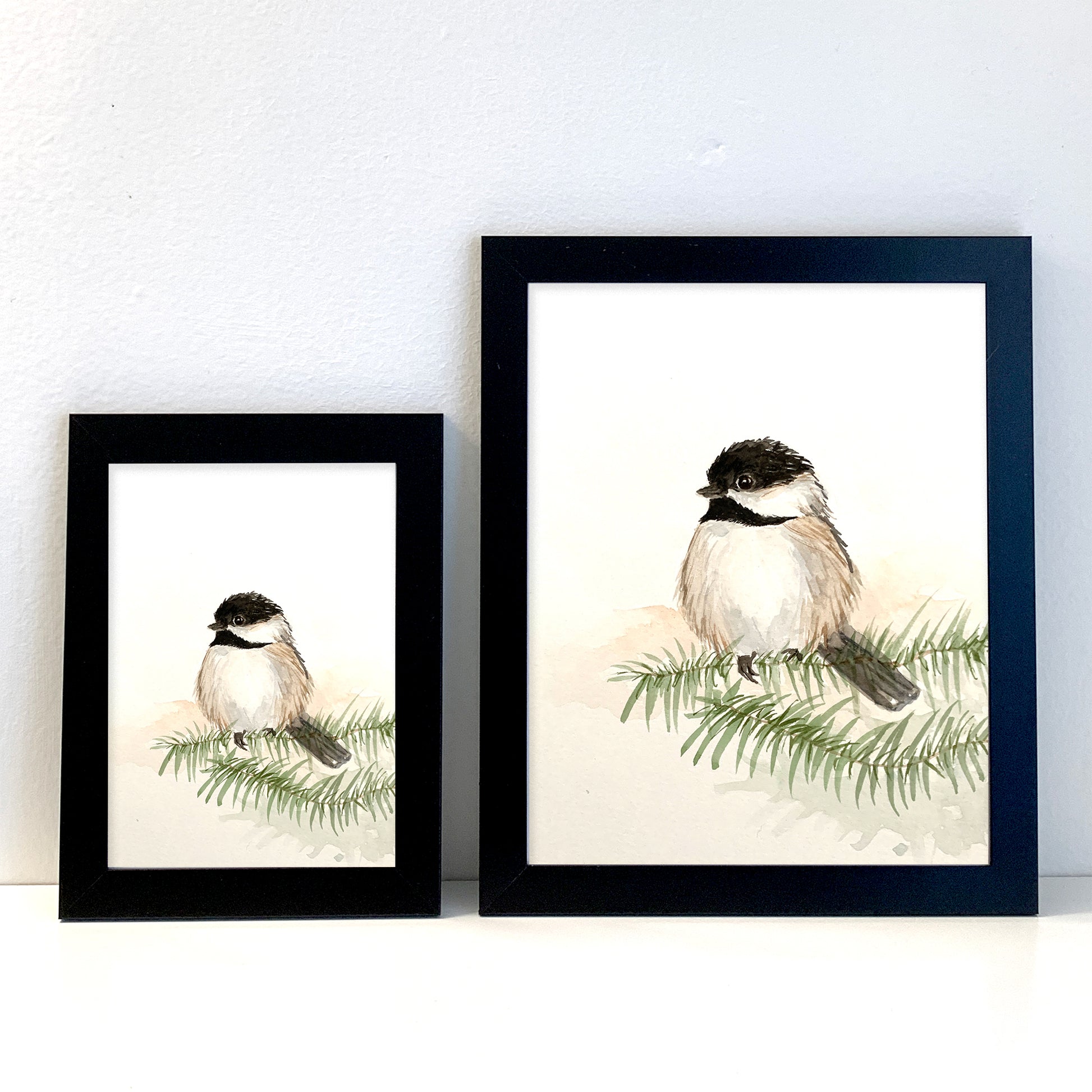 Chickadee Bird Watercolor Art Print in Mat or Frame - Flamingo Shores - Original Art for Home Decor and Gifts