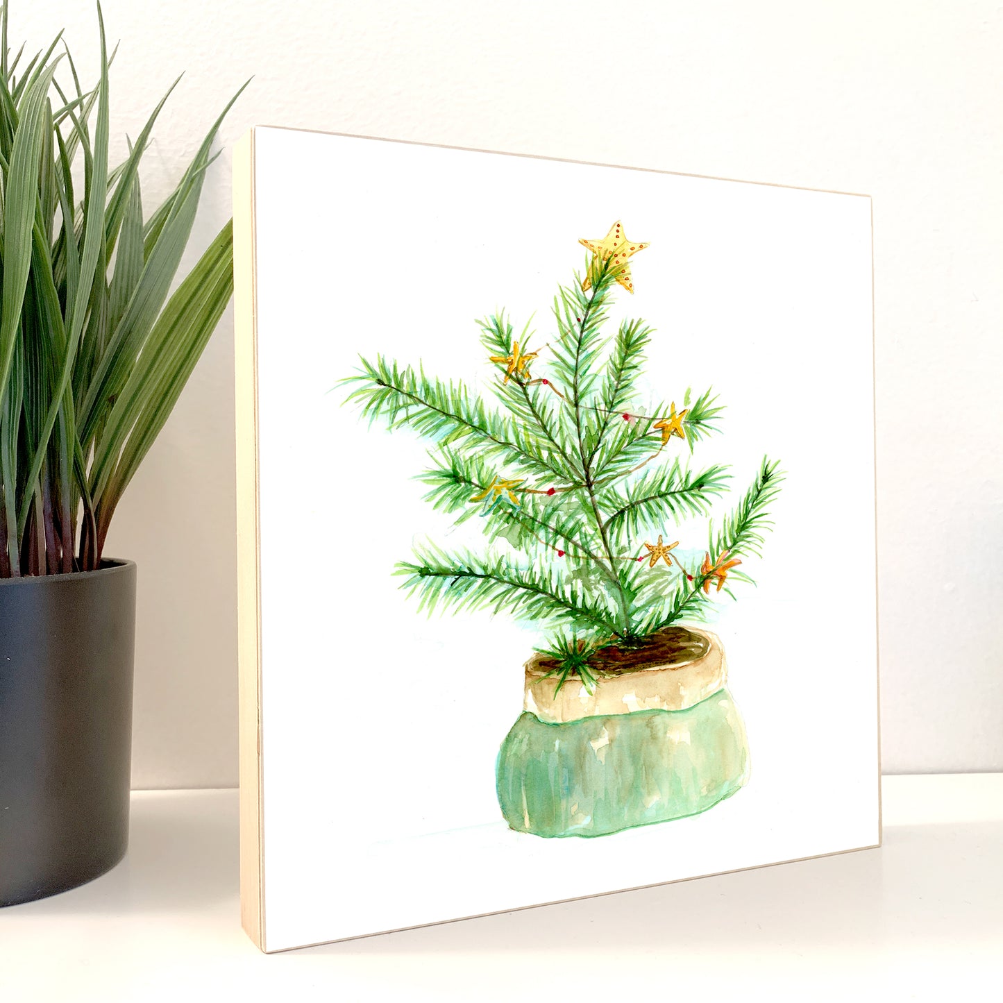 CHRISTMAS - Christmas Tree with Starfish Garland on Wood Block 5x5 or 8x8. Original Watercolor Painting - Flamingo Shores - Original Art for Home Decor and Gifts