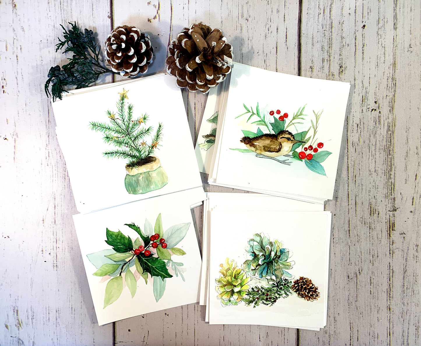 CHRISTMAS - Holly Berries on Wood Block 5x5 or 8x8. Original Watercolor Painting - Flamingo Shores - Original Art for Home Decor and Gifts