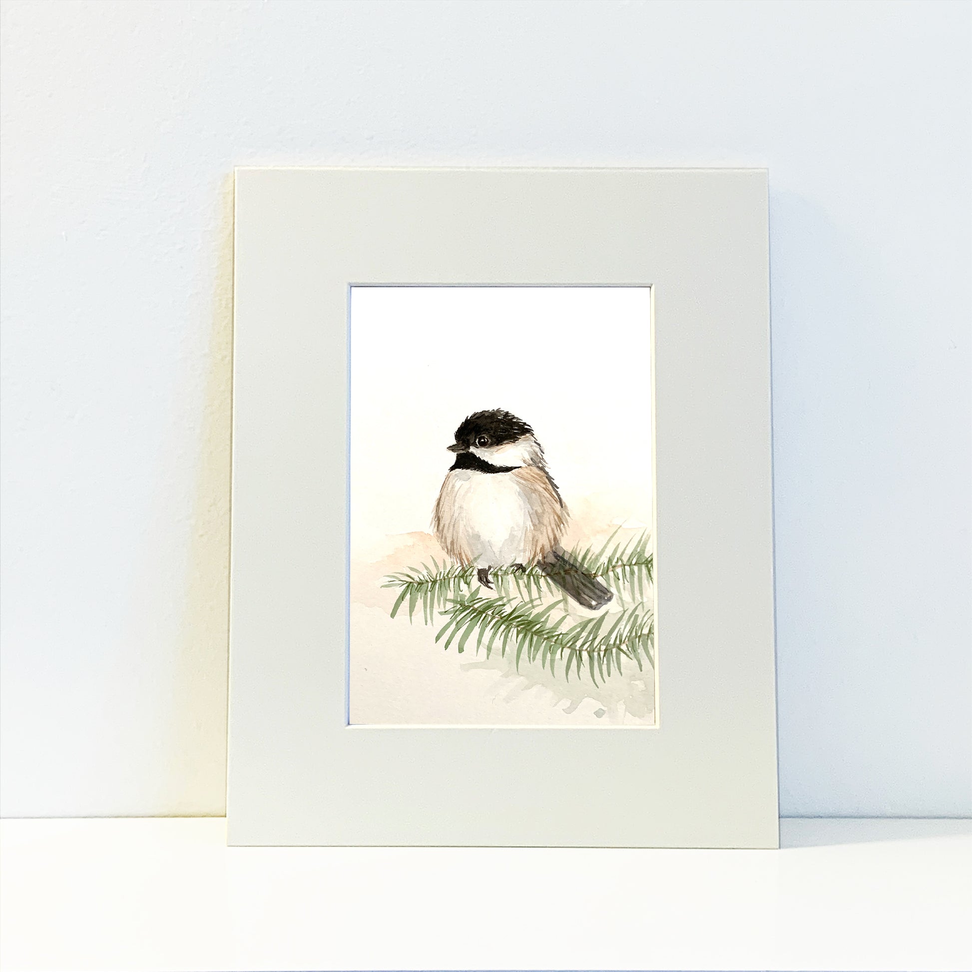 Chickadee Bird Watercolor Art Print in Mat or Frame - Flamingo Shores - Original Art for Home Decor and Gifts