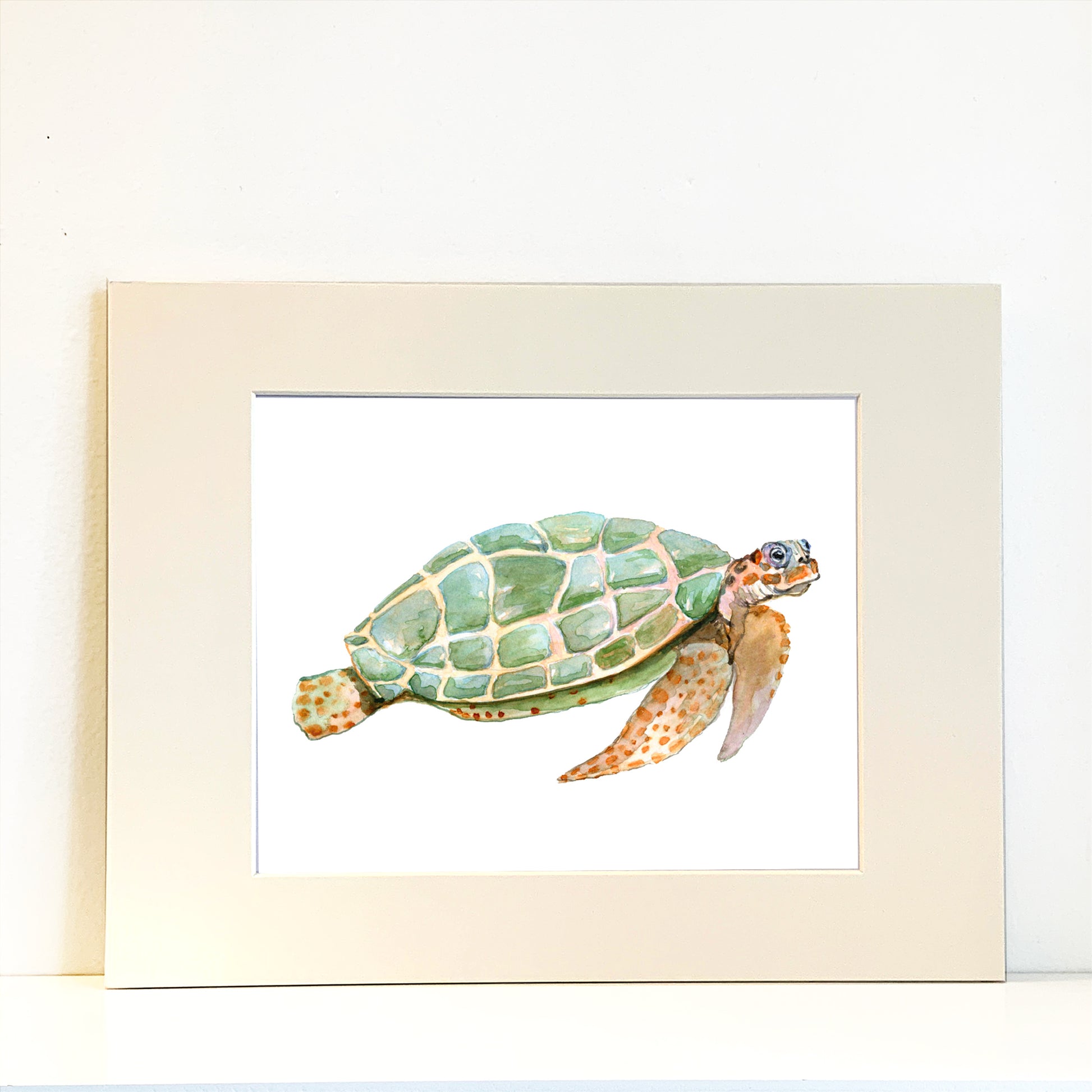 Green Turtle Watercolor Print Art - Flamingo Shores - Original Art for Home Decor and Gifts