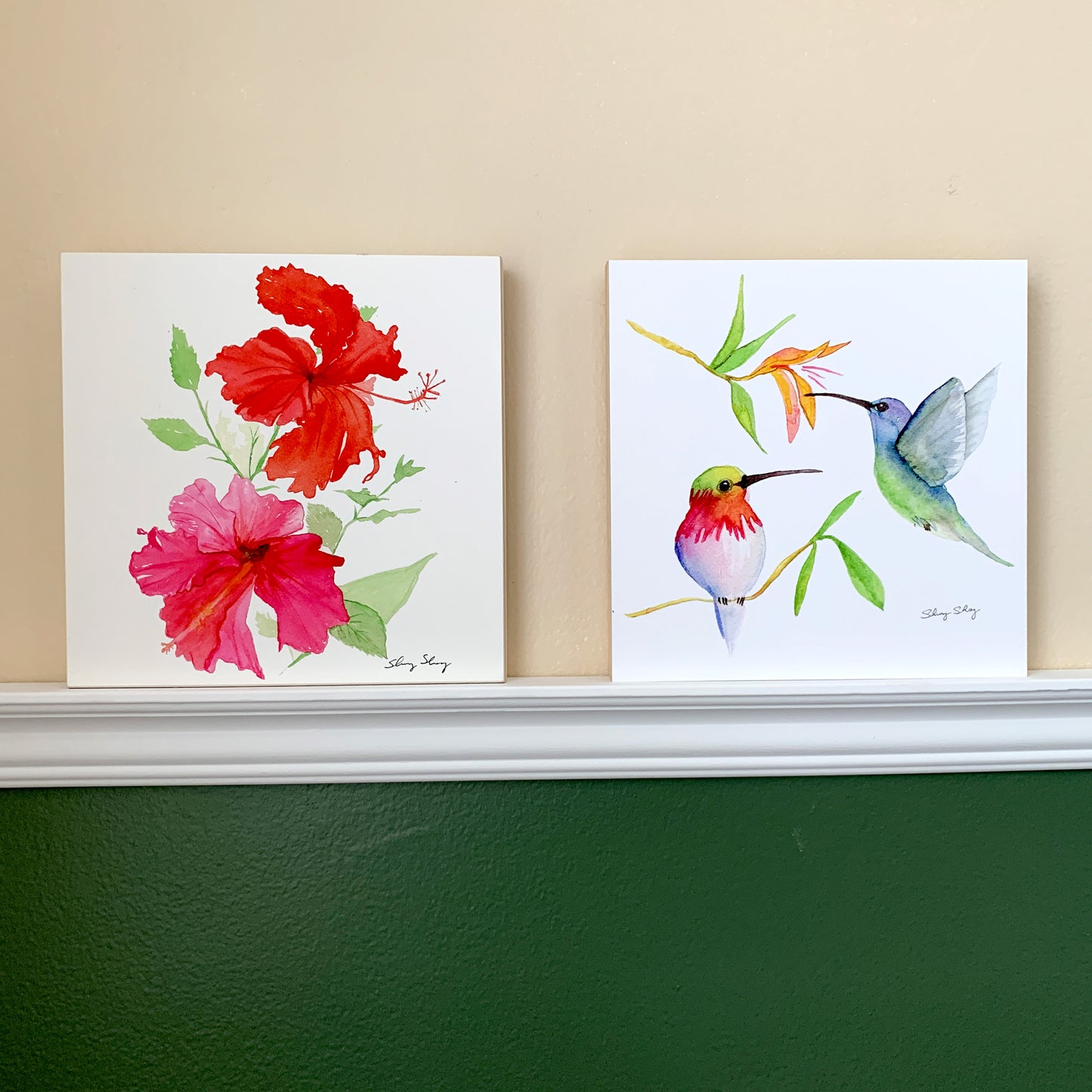Hummingbirds - Watercolor on Wood Panel - Flamingo Shores - Original Art for Home Decor and Gifts