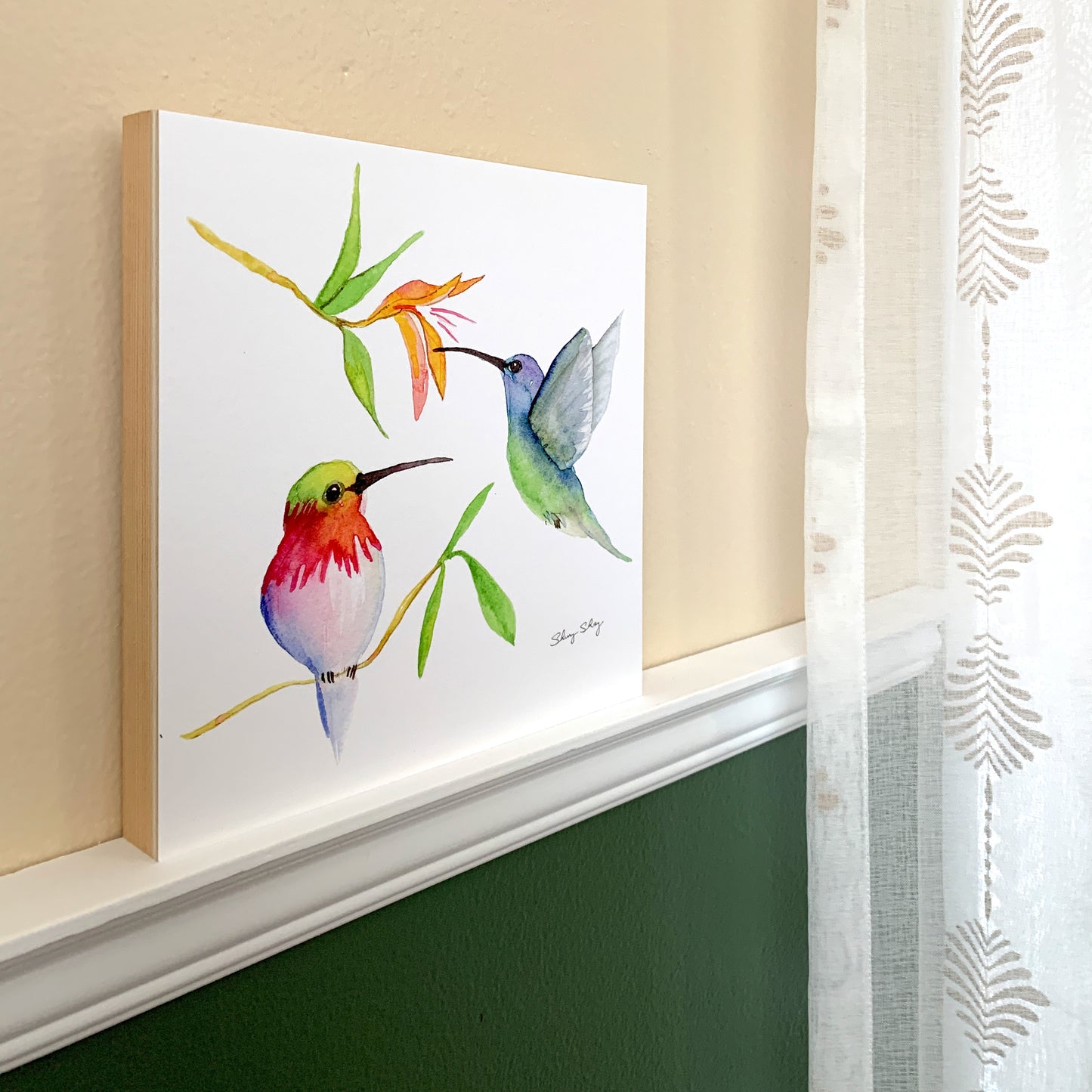 Hummingbirds - Watercolor on Wood Panel - Flamingo Shores - Original Art for Home Decor and Gifts