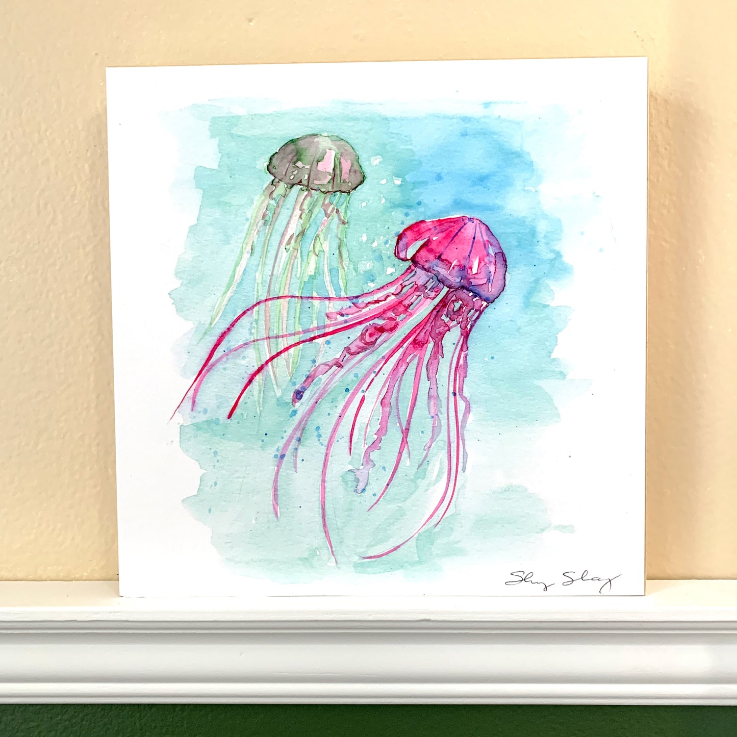 Jellyfish Group Watercolor Print on Wood Block - Flamingo Shores - Original Art for Home Decor and Gifts