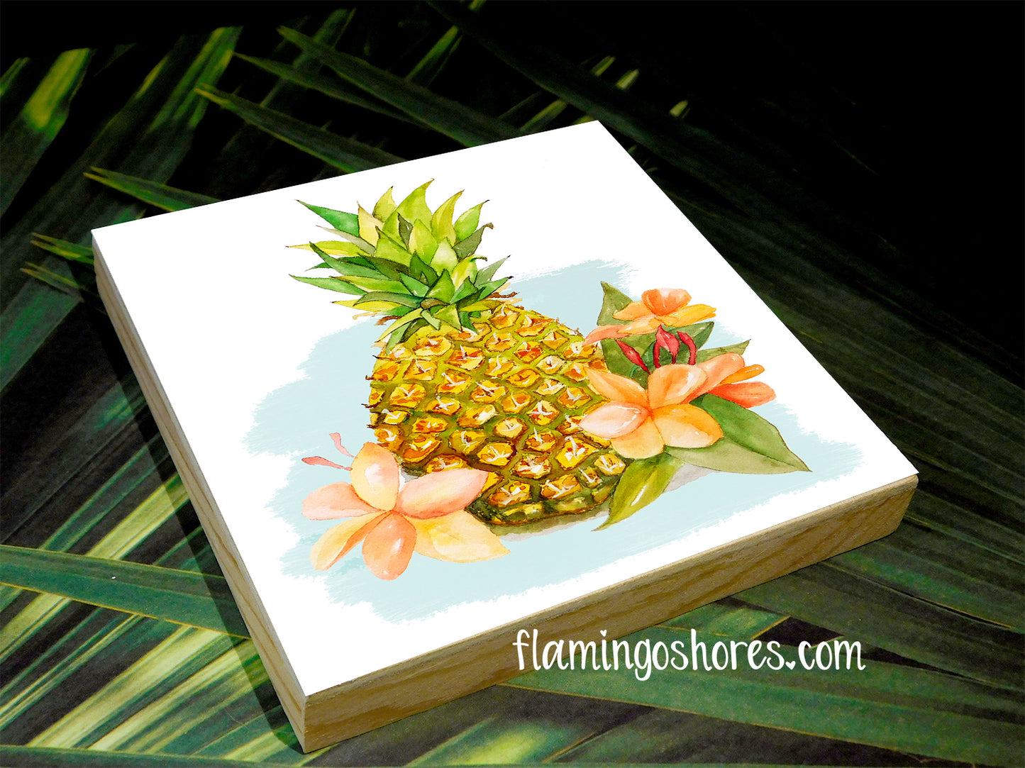 Pineapple Watercolor Painting on Wood Block - Flamingo Shores - Original Art for Home Decor and Gifts