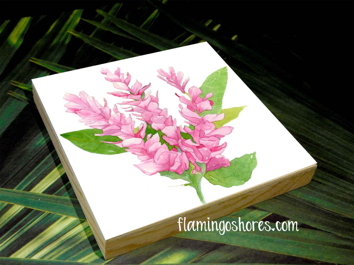 Hawaiian Pink Ginger Tropical Flower Watercolor Print on Wood Block - Flamingo Shores - Original Art for Home Decor and Gifts