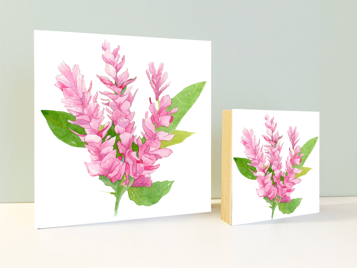 Hawaiian Pink Ginger Tropical Flower Watercolor Print on Wood Block - Flamingo Shores - Original Art for Home Decor and Gifts
