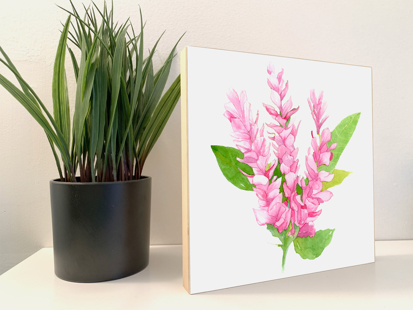 Hawaiian Pink Ginger Tropical Flower Watercolor Print on Wood Block - Flamingo Shores - Original Art for Home Decor and Gifts