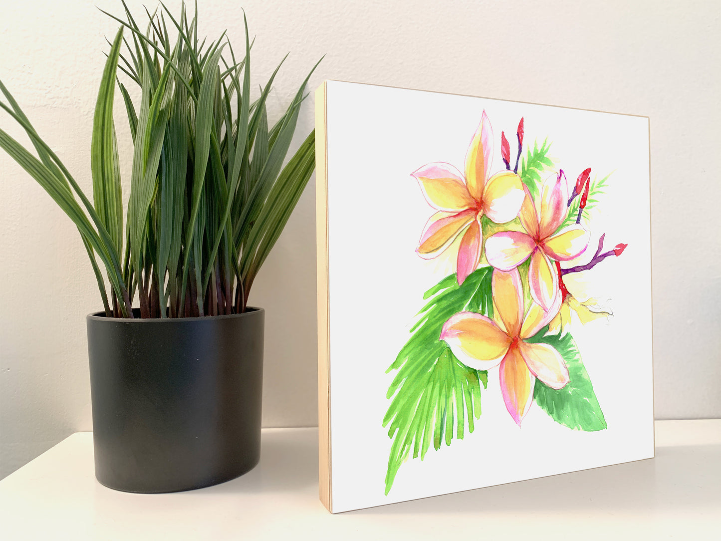Plumeria Tropical Flower Watercolor Print on Wood Block - Flamingo Shores - Original Art for Home Decor and Gifts