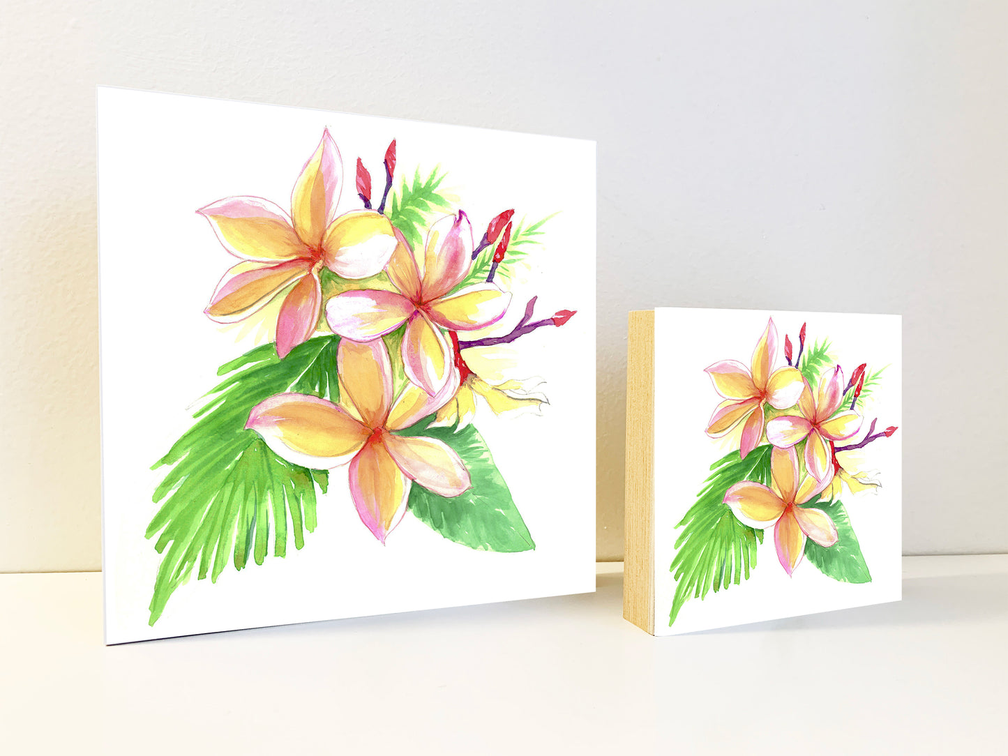 Plumeria Tropical Flower Watercolor Print on Wood Block - Flamingo Shores - Original Art for Home Decor and Gifts