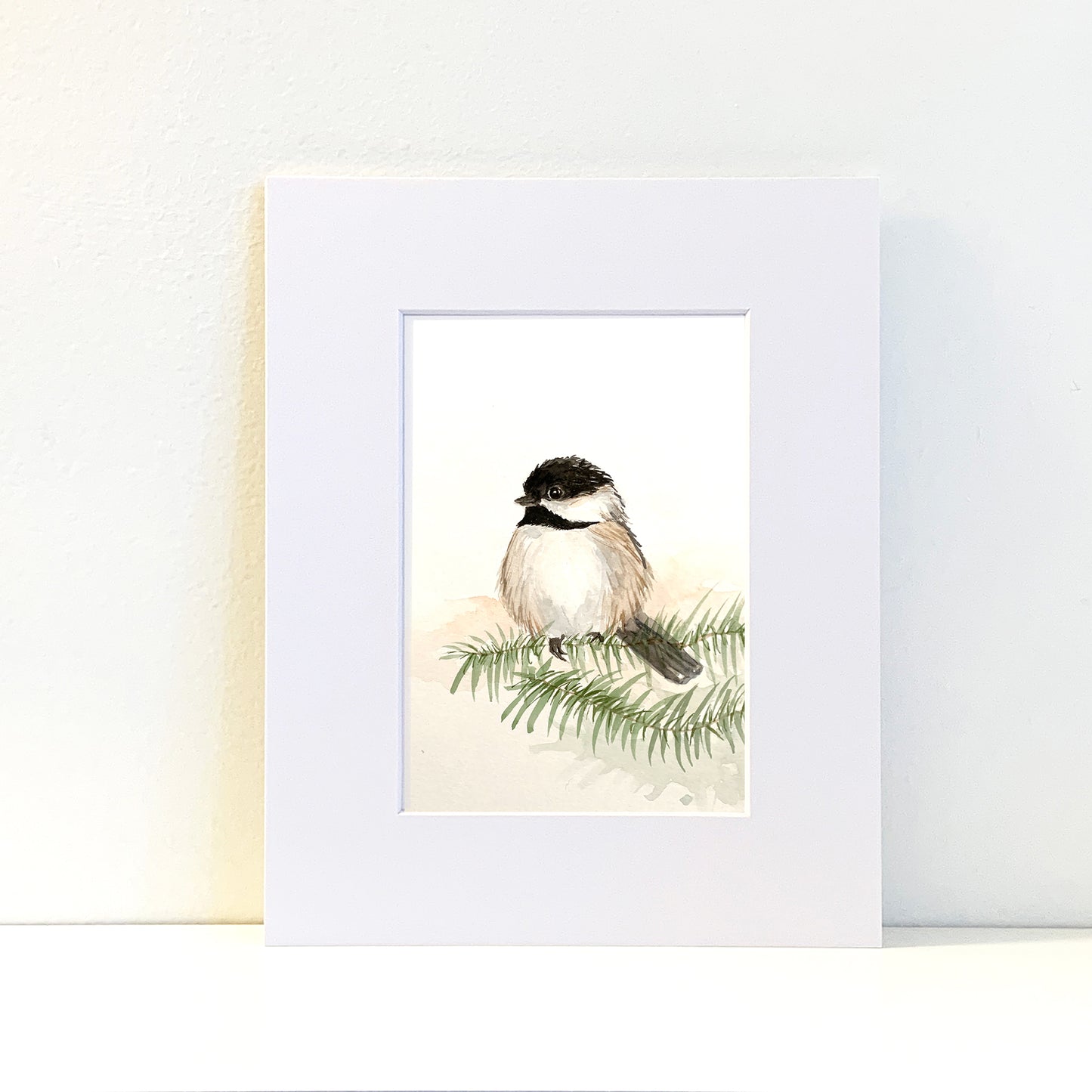 Chickadee Bird Watercolor Art Print in Mat or Frame - Flamingo Shores - Original Art for Home Decor and Gifts