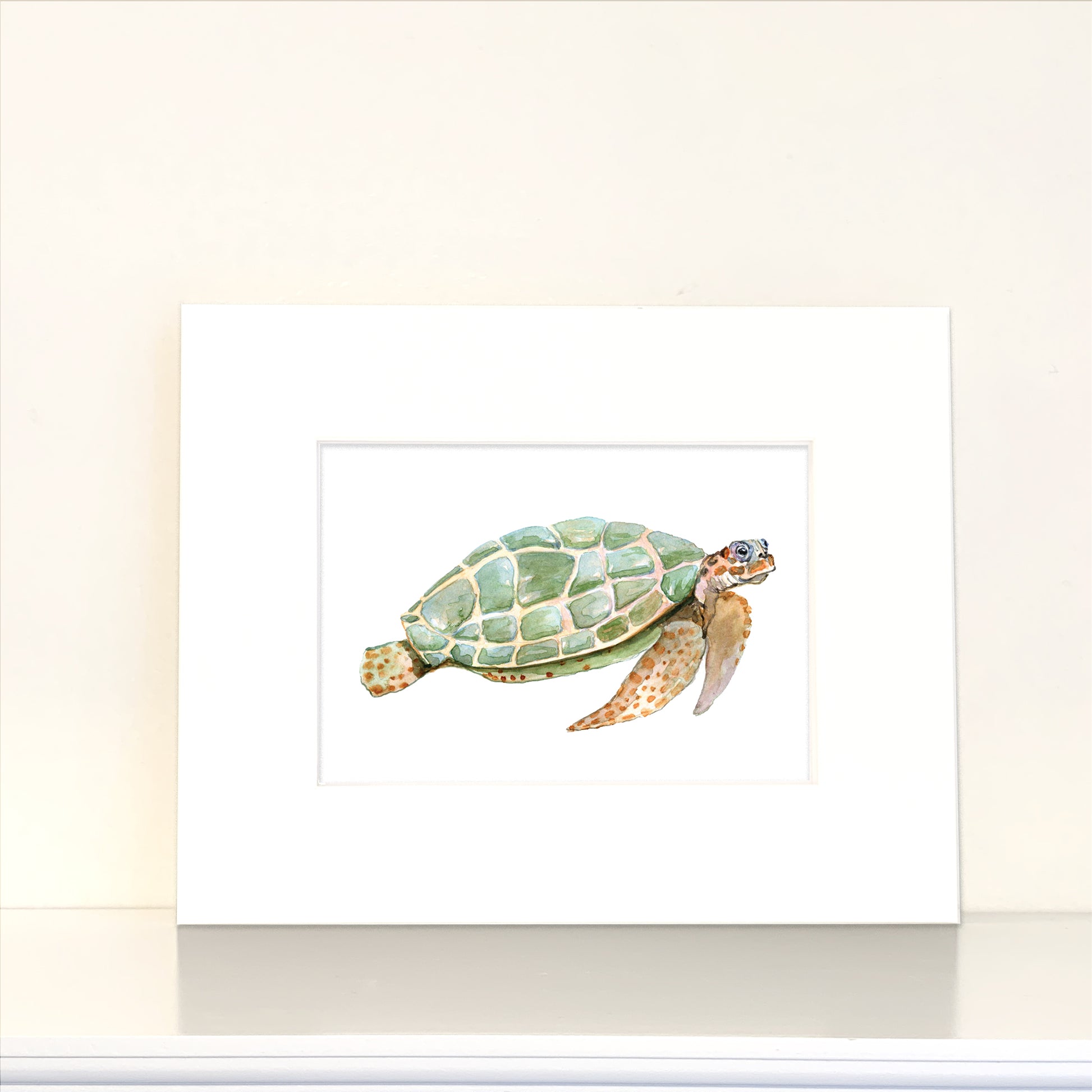 Green Turtle Watercolor Print Art - Flamingo Shores - Original Art for Home Decor and Gifts