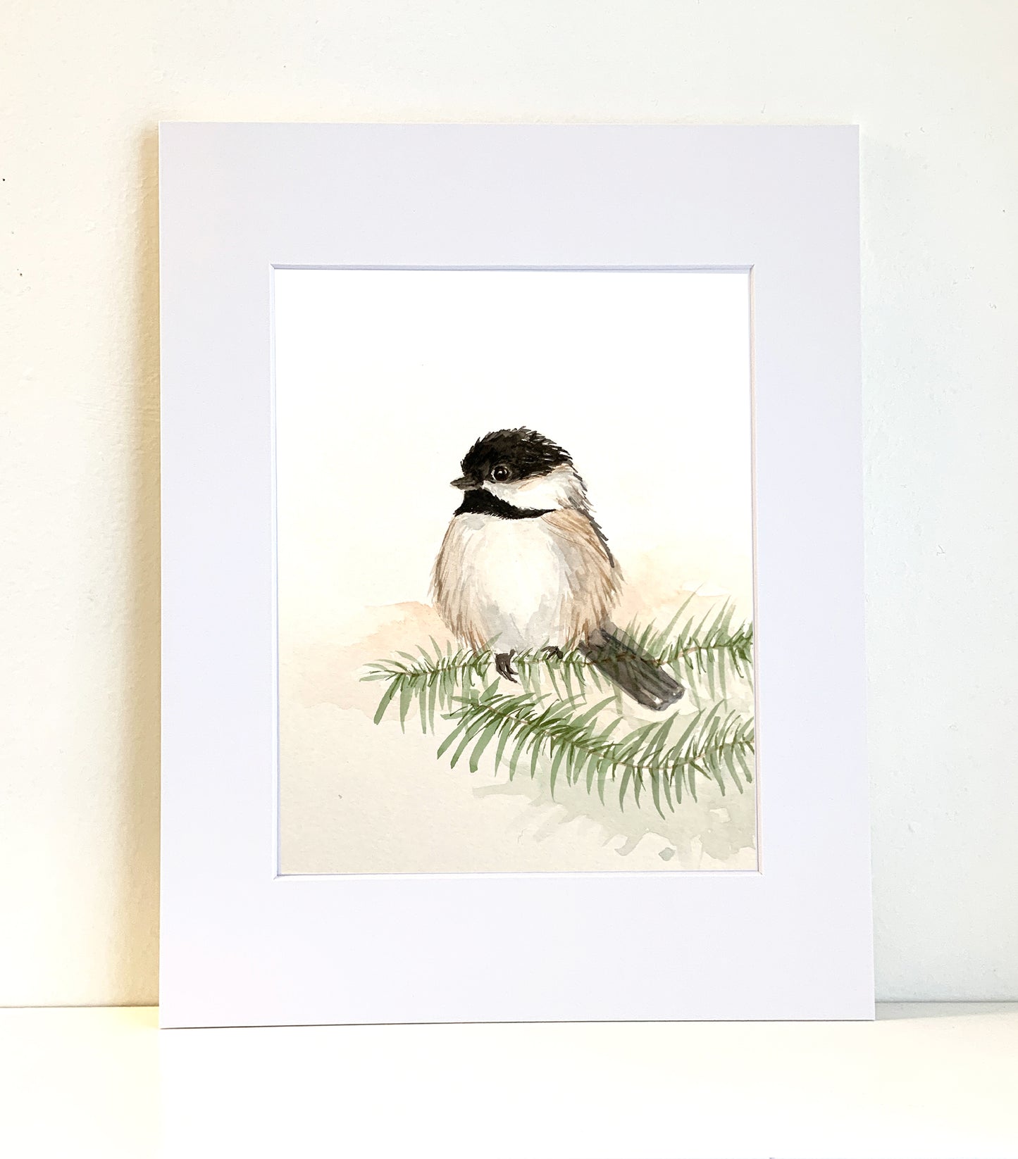 Chickadee Bird Watercolor Art Print in Mat or Frame - Flamingo Shores - Original Art for Home Decor and Gifts