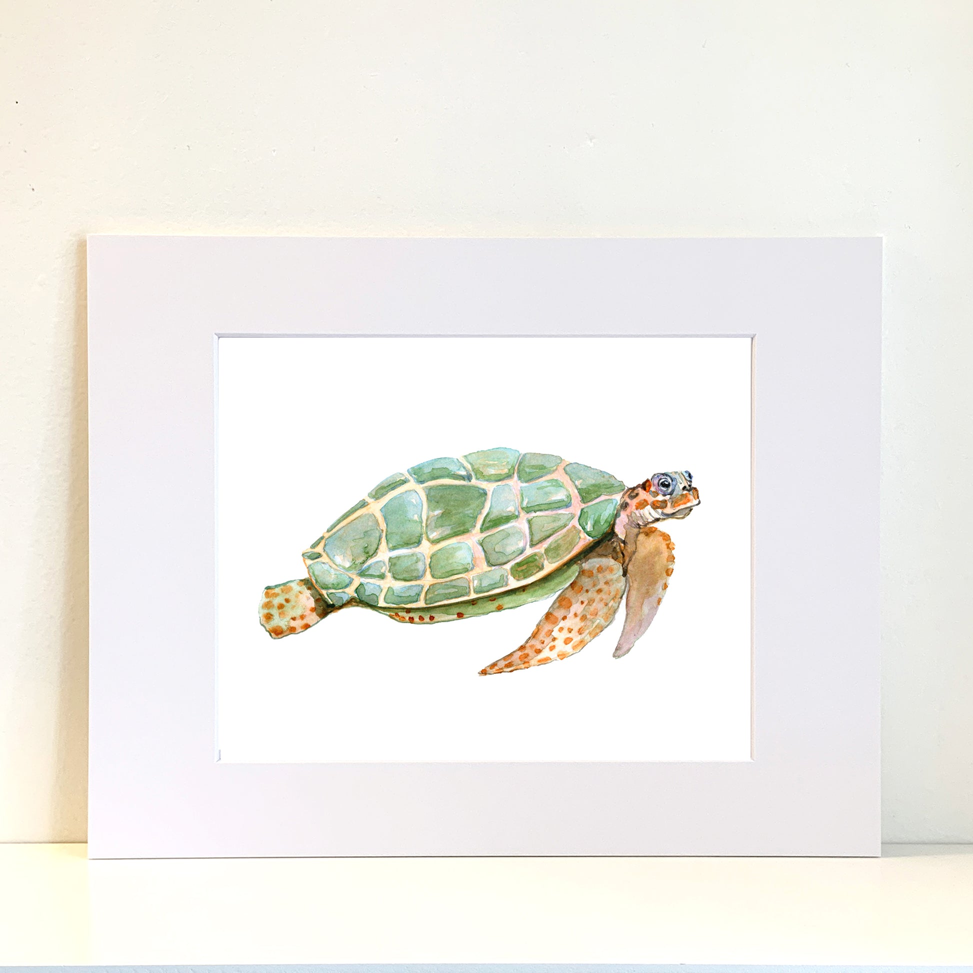 Green Turtle Watercolor Print Art - Flamingo Shores - Original Art for Home Decor and Gifts