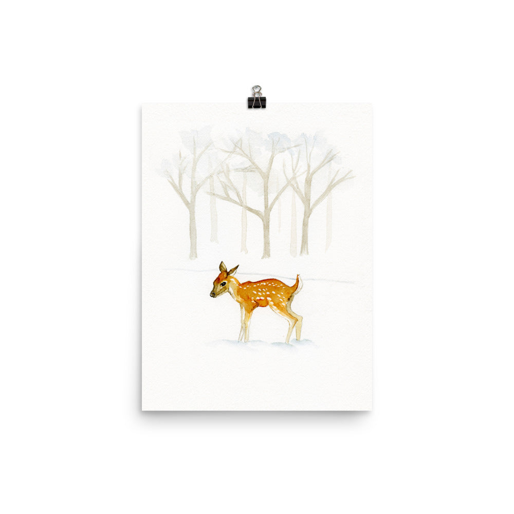 Deer in Snowy Woods Wall Art Print - Flamingo Shores - Original Art for Home Decor and Gifts