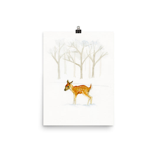 Deer in Snowy Woods Wall Art Print - Flamingo Shores - Original Art for Home Decor and Gifts