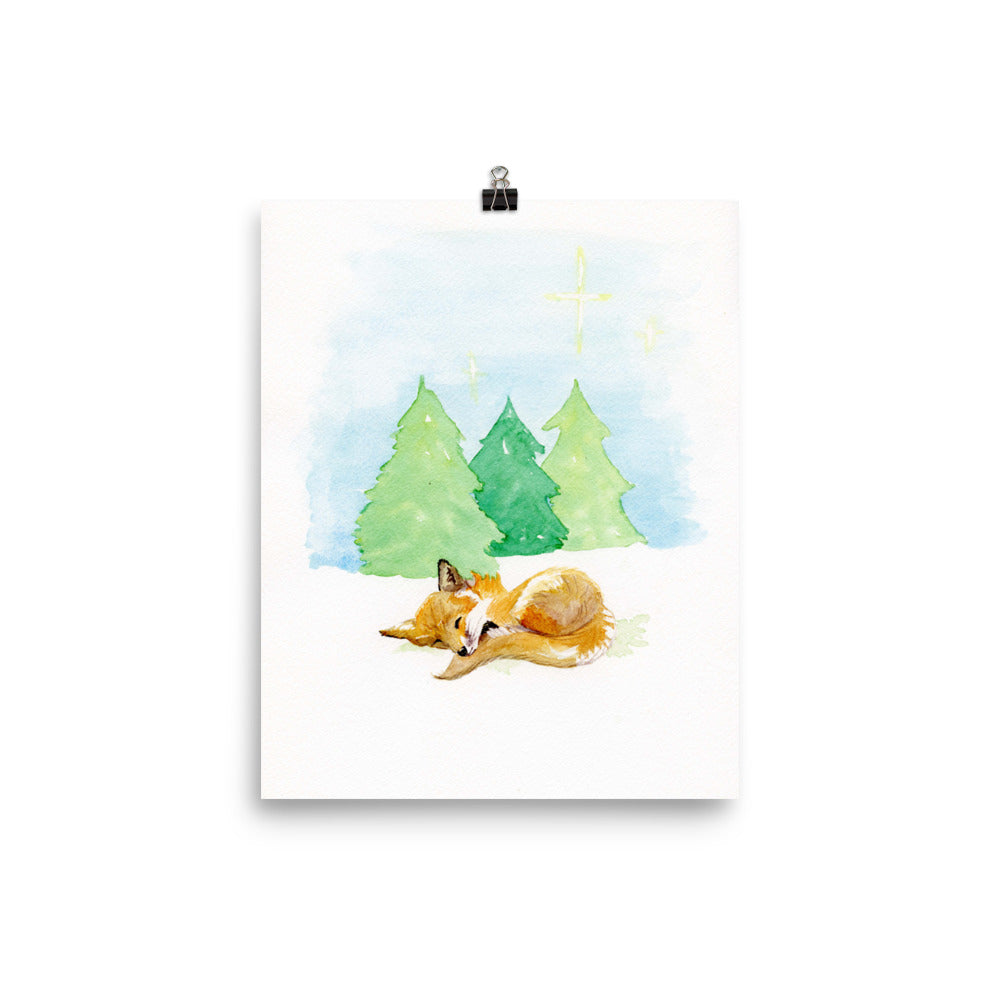 Fox in Snowy Forest Wall Art Print for Christmas or Nursery - Flamingo Shores - Original Art for Home Decor and Gifts