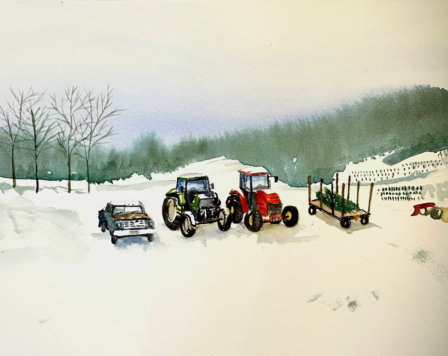 Christmas Tree Farm Tractors Original Painting