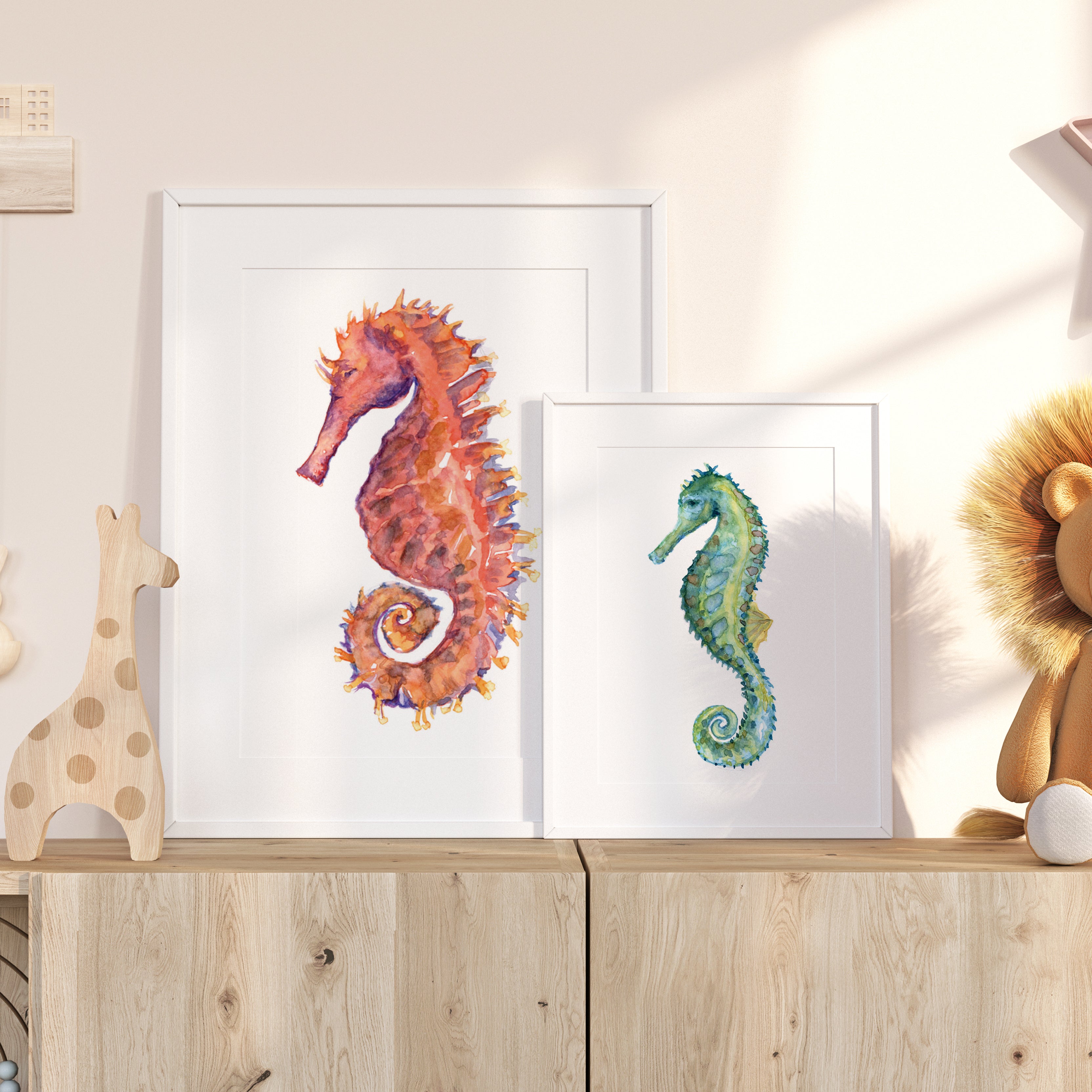 Coral top Seahorse Watercolor Print