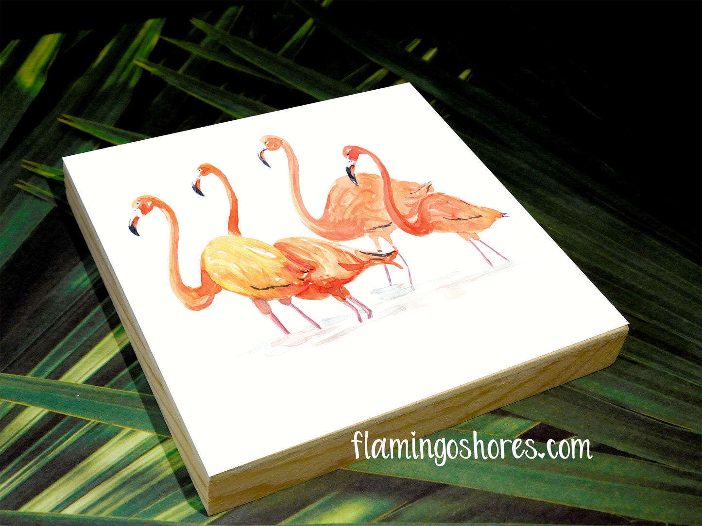 Flamingos Watercolor Art on Wood Block - Flamingo Shores - Original Art for Home Decor and Gifts
