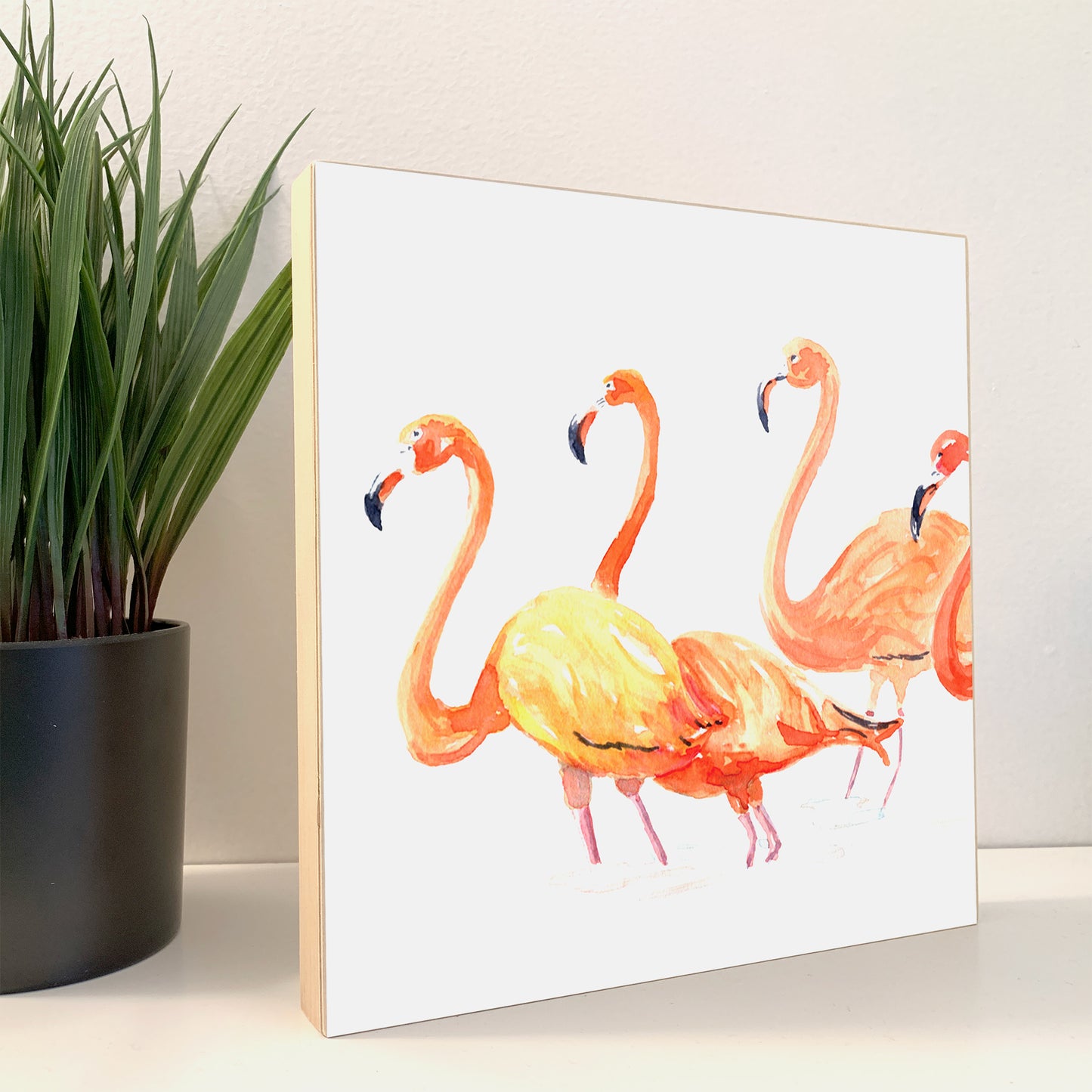 Flamingos Watercolor Art on Wood Block - Flamingo Shores - Original Art for Home Decor and Gifts