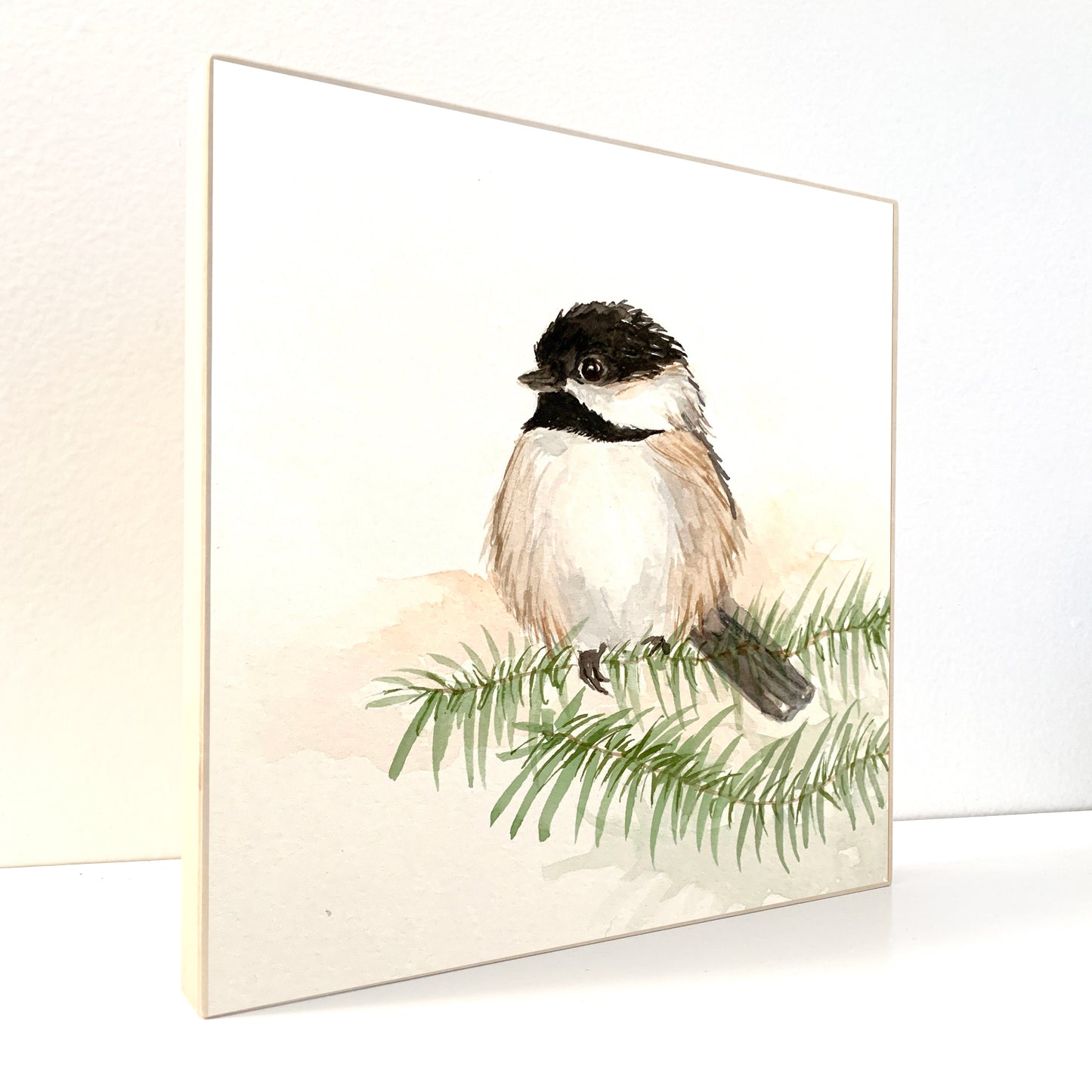 Chickadee Bird - Watercolor on Woodblock - Flamingo Shores - Original Art for Home Decor and Gifts