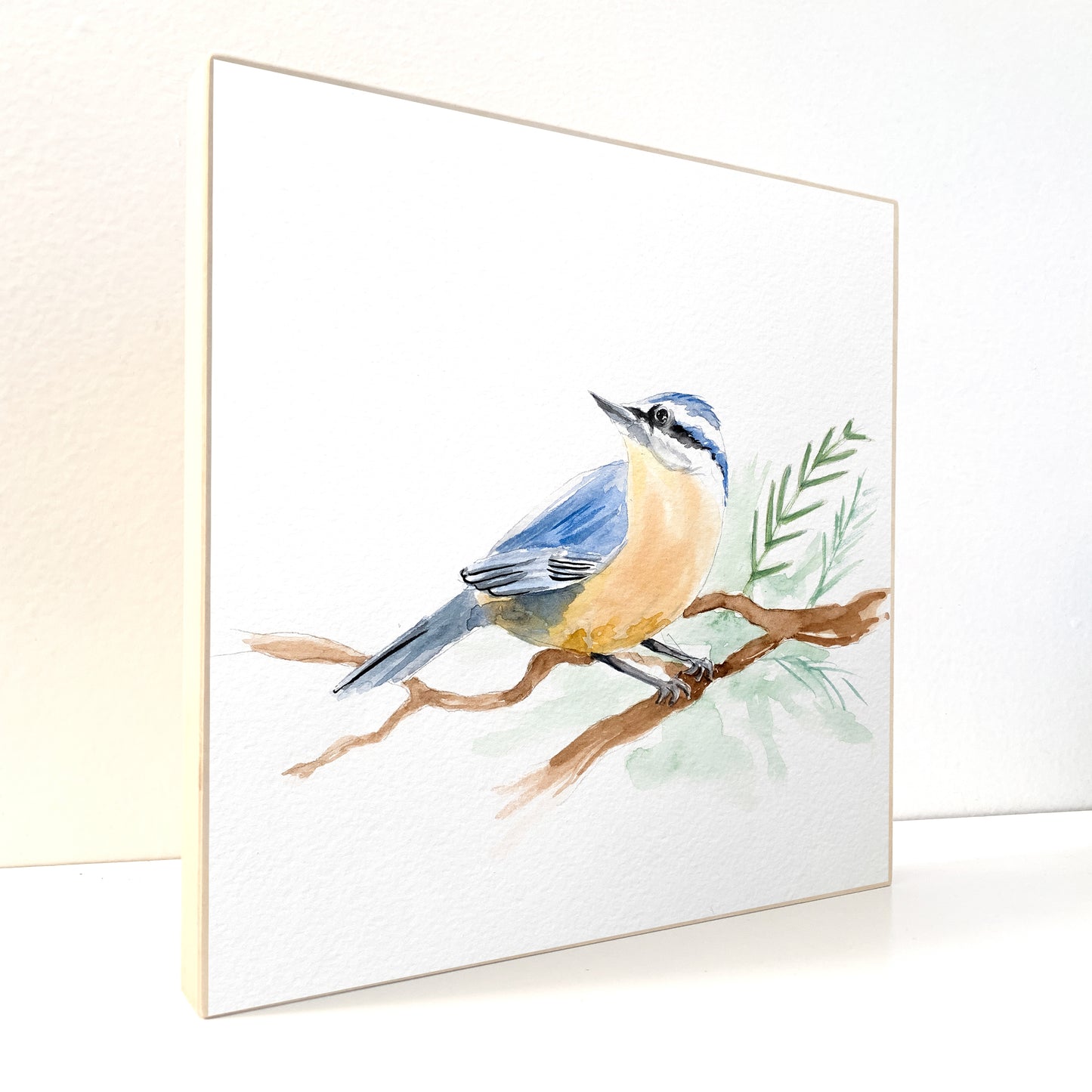 Nuthatch Bird - Watercolor on Woodblock - Flamingo Shores - Original Art for Home Decor and Gifts