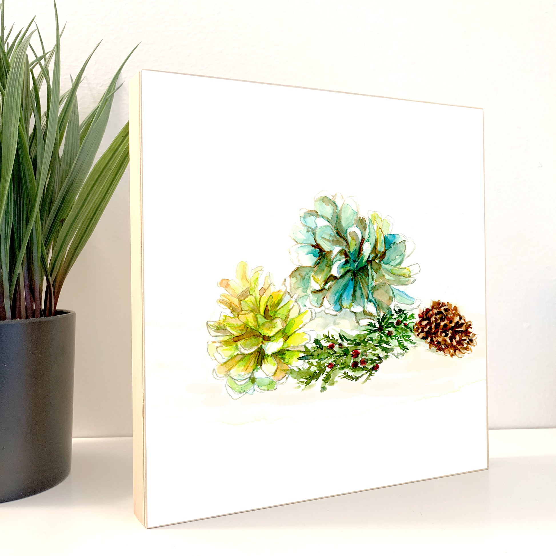 CHRISTMAS - Beach Pine Cones on Wood Block 5x5 or 8x8. Original Watercolor Painting - Flamingo Shores - Original Art for Home Decor and Gifts
