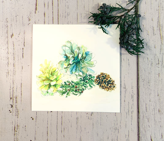 CHRISTMAS - Beach Pine Cones on Wood Block 5x5 or 8x8. Original Watercolor Painting - Flamingo Shores - Original Art for Home Decor and Gifts