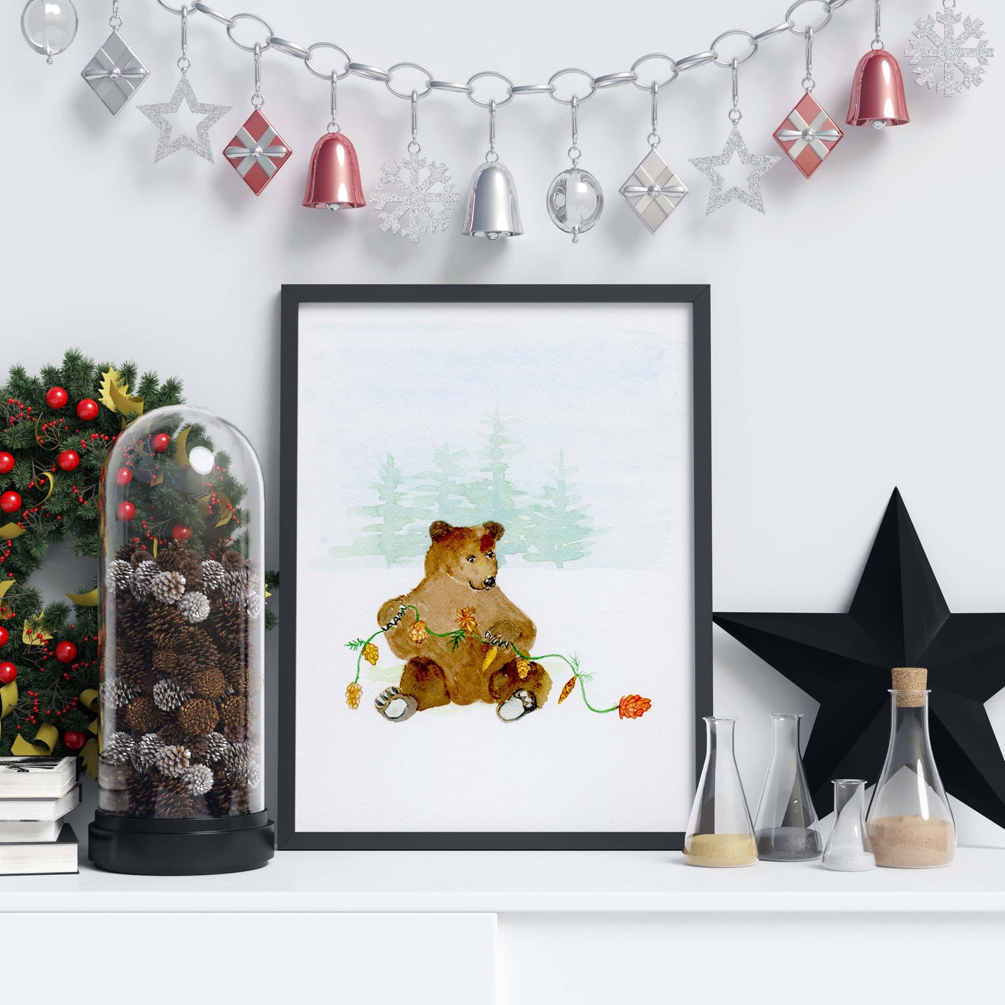 Wall Art Print of Cute Bear with Pinecones - Flamingo Shores - Original Art for Home Decor and Gifts