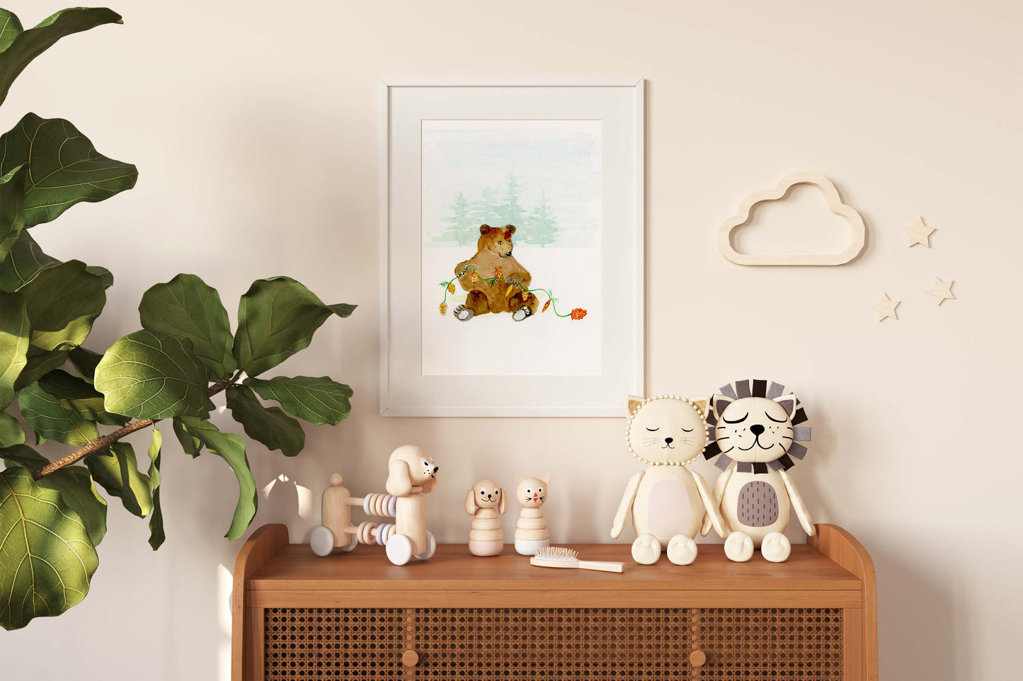 Wall Art Print of Cute Bear with Pinecones - Flamingo Shores - Original Art for Home Decor and Gifts