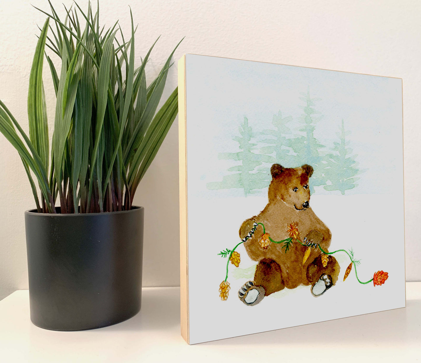 Woodland Animal Bear with Pinecones Print on 5x5 or 8x8 Wood Block. Nursery, Christmas - Flamingo Shores - Original Art for Home Decor and Gifts