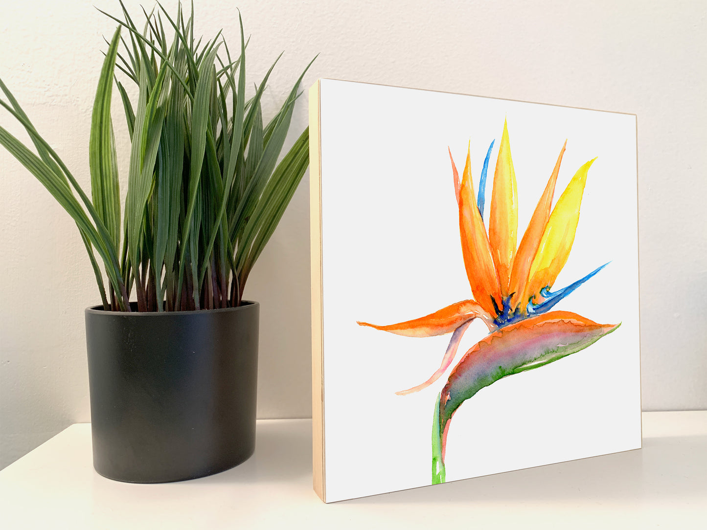 Tropical Flower Bird of Paradise Watercolor Print on Wood Block - Flamingo Shores - Original Art for Home Decor and Gifts