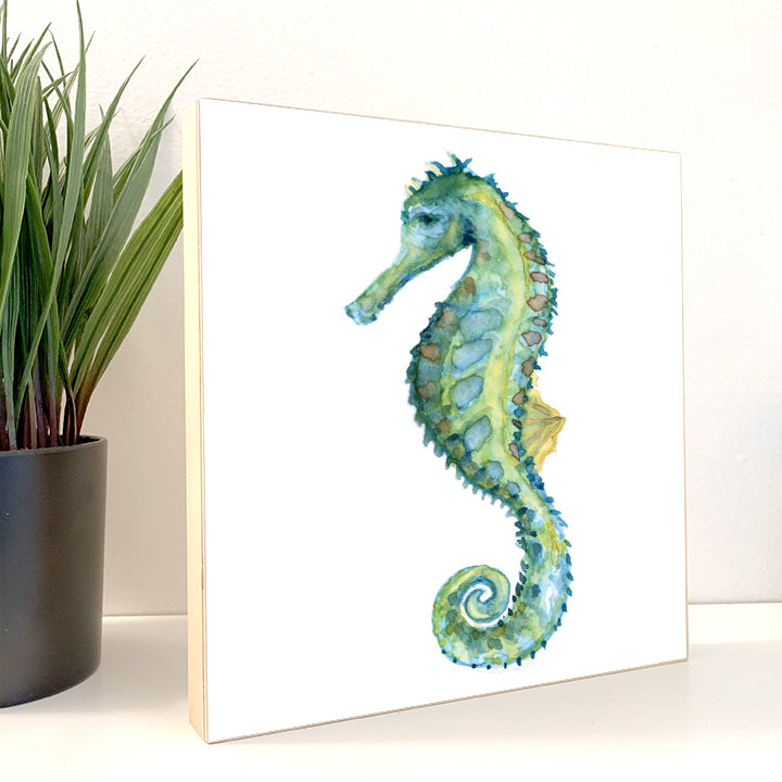 Blue Seahorse Watercolor Print on Wood Block - Flamingo Shores - Original Art for Home Decor and Gifts