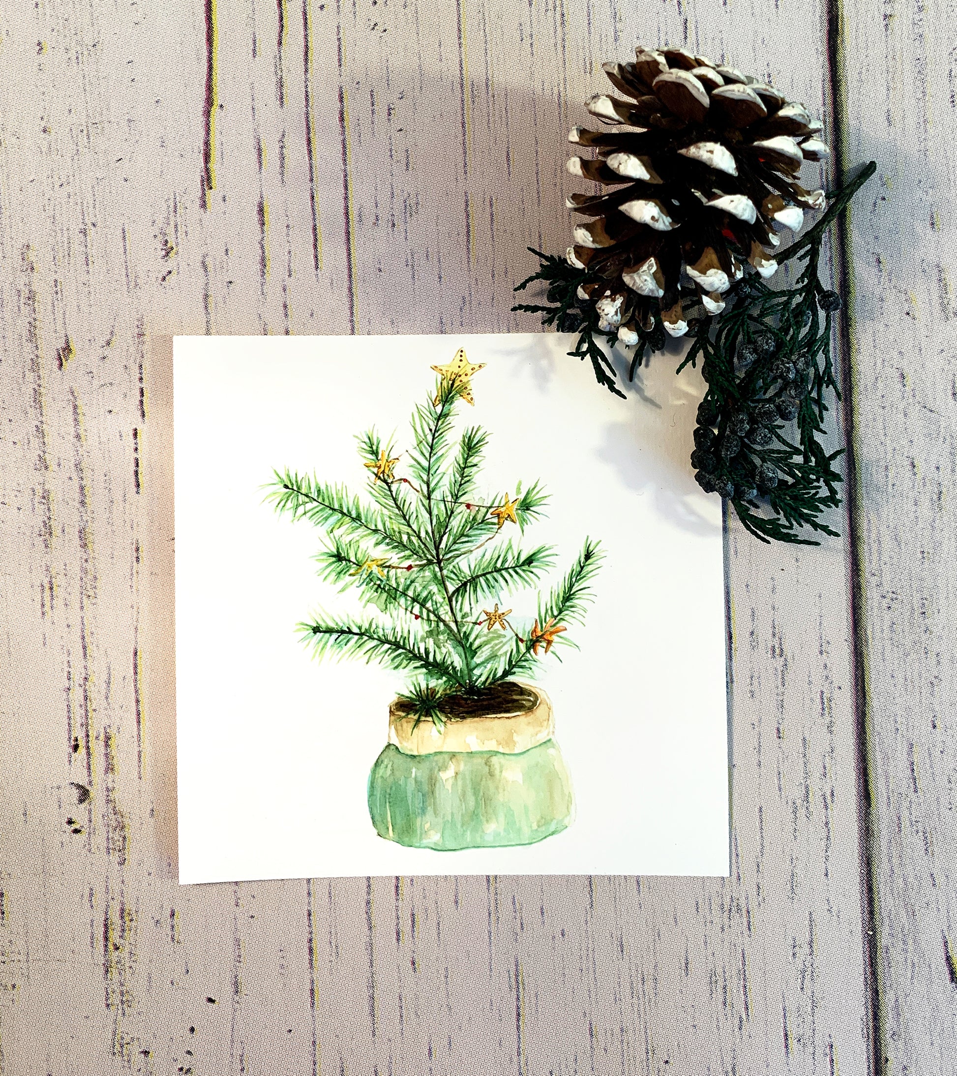 CHRISTMAS - Christmas Tree with Starfish Garland on Wood Block 5x5 or 8x8. Original Watercolor Painting - Flamingo Shores - Original Art for Home Decor and Gifts