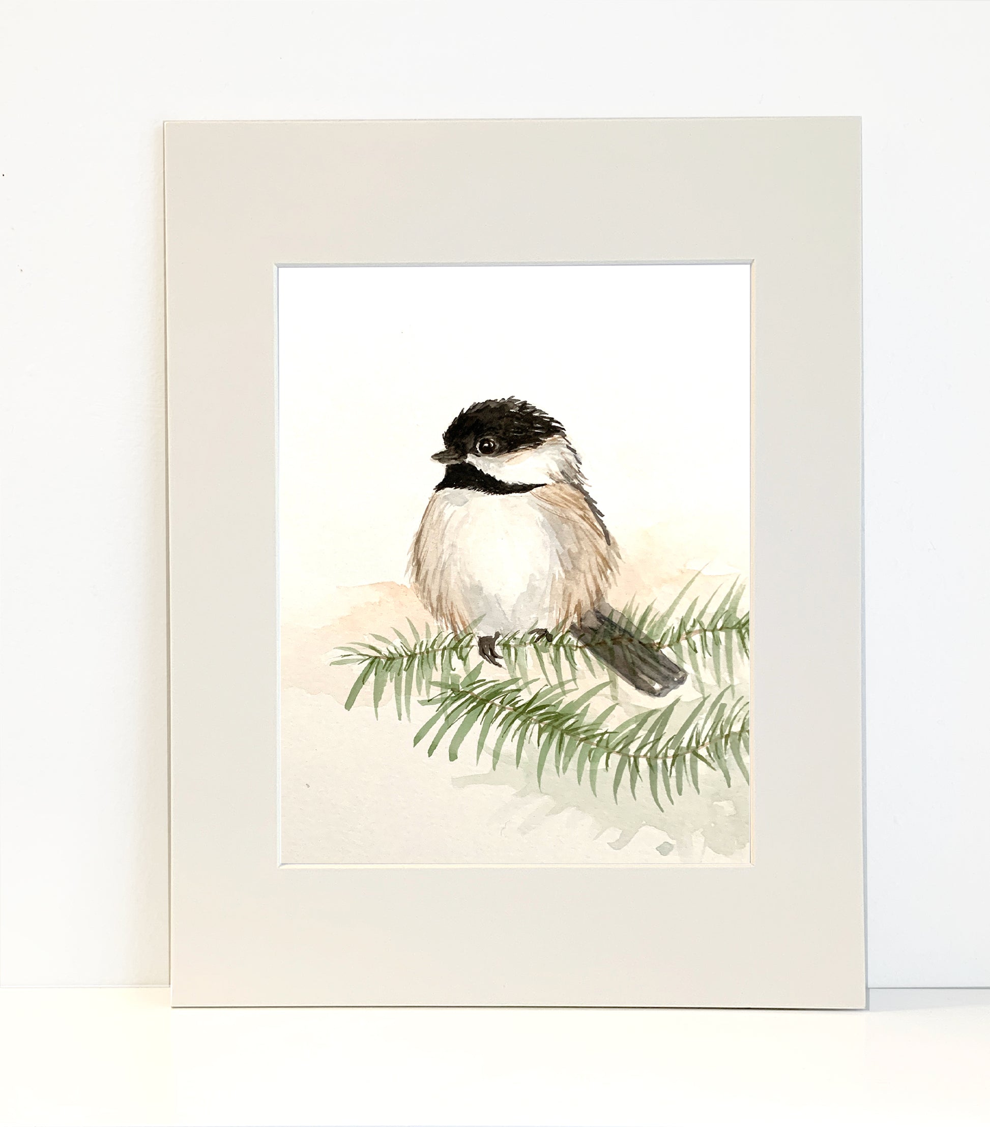 Chickadee Bird Watercolor Art Print in Mat or Frame - Flamingo Shores - Original Art for Home Decor and Gifts