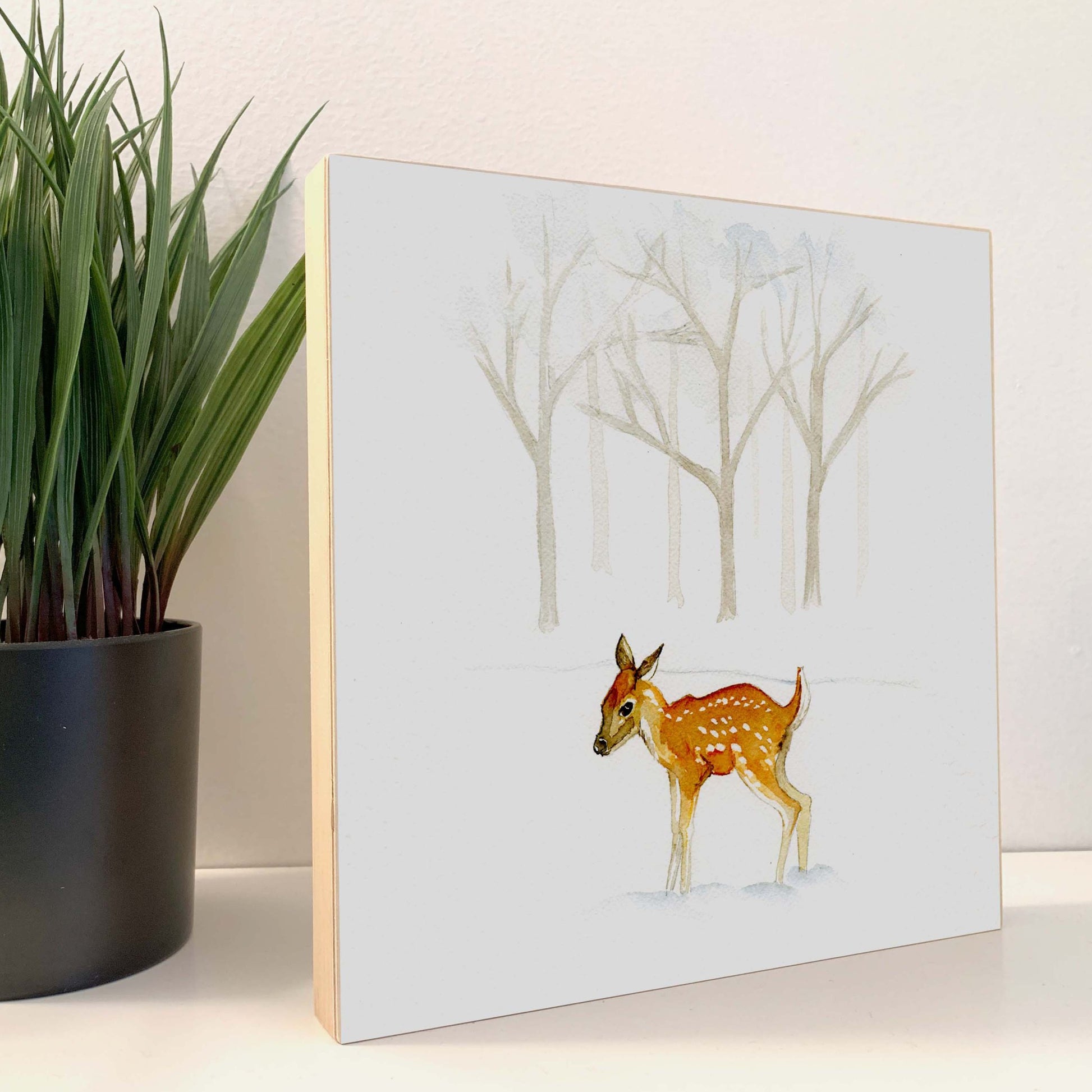 Woodland Deer in Snowy Woods Print on 5x5 or 8x8 Wood Block. Nursery, Christmas - Flamingo Shores - Original Art for Home Decor and Gifts