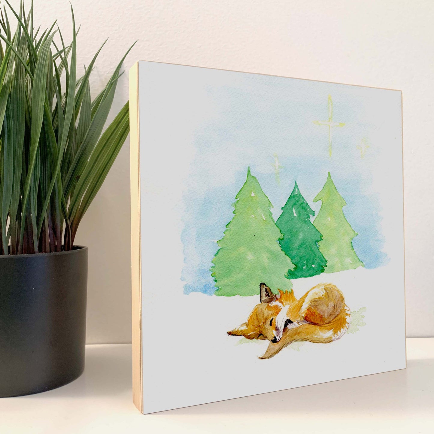 Woodland Animal Baby Fox Print on 5x5 or 8x8 Wood Block. Nursery, Christmas - Flamingo Shores - Original Art for Home Decor and Gifts