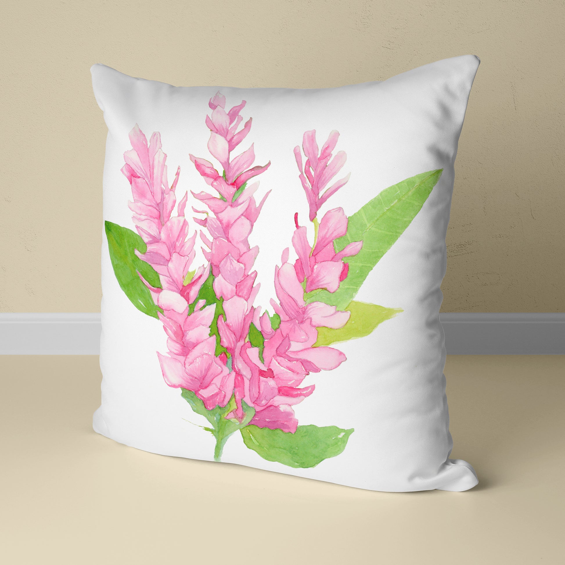 Hawaiian Pink Ginger Tropical 16x16 Pillow - Flamingo Shores - Original Art for Home Decor and Gifts