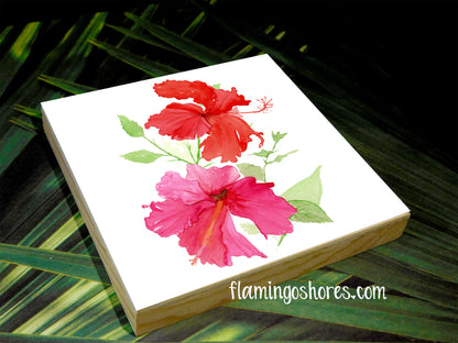 Hibiscus Tropical Flower Watercolor Print on Wood Block - Flamingo Shores - Original Art for Home Decor and Gifts